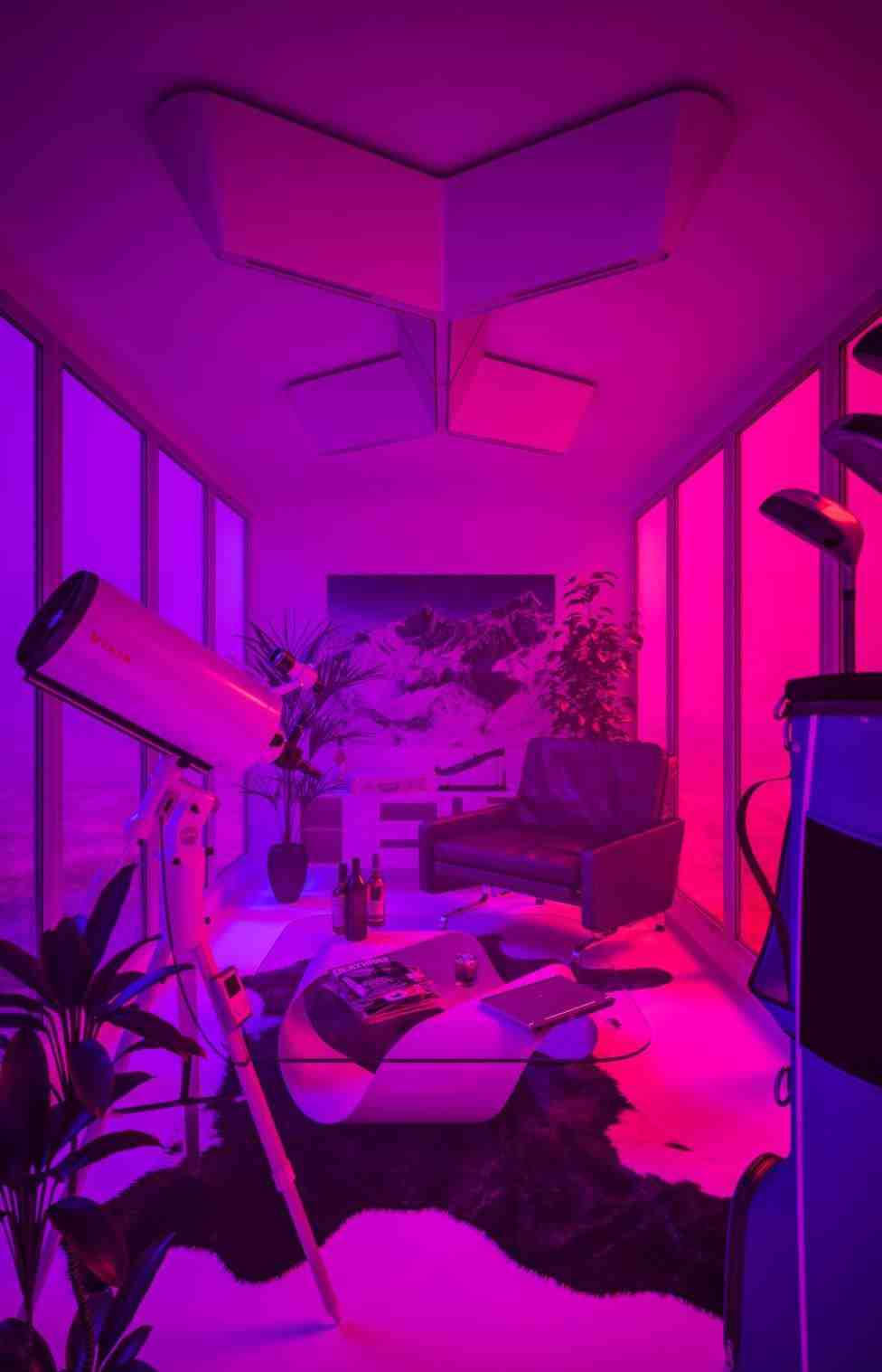 Nauti retrotyylin lämpimästä neonhehkusta tällä kodikkaalla violetilla esteettisellä huoneella. Taustakuvat