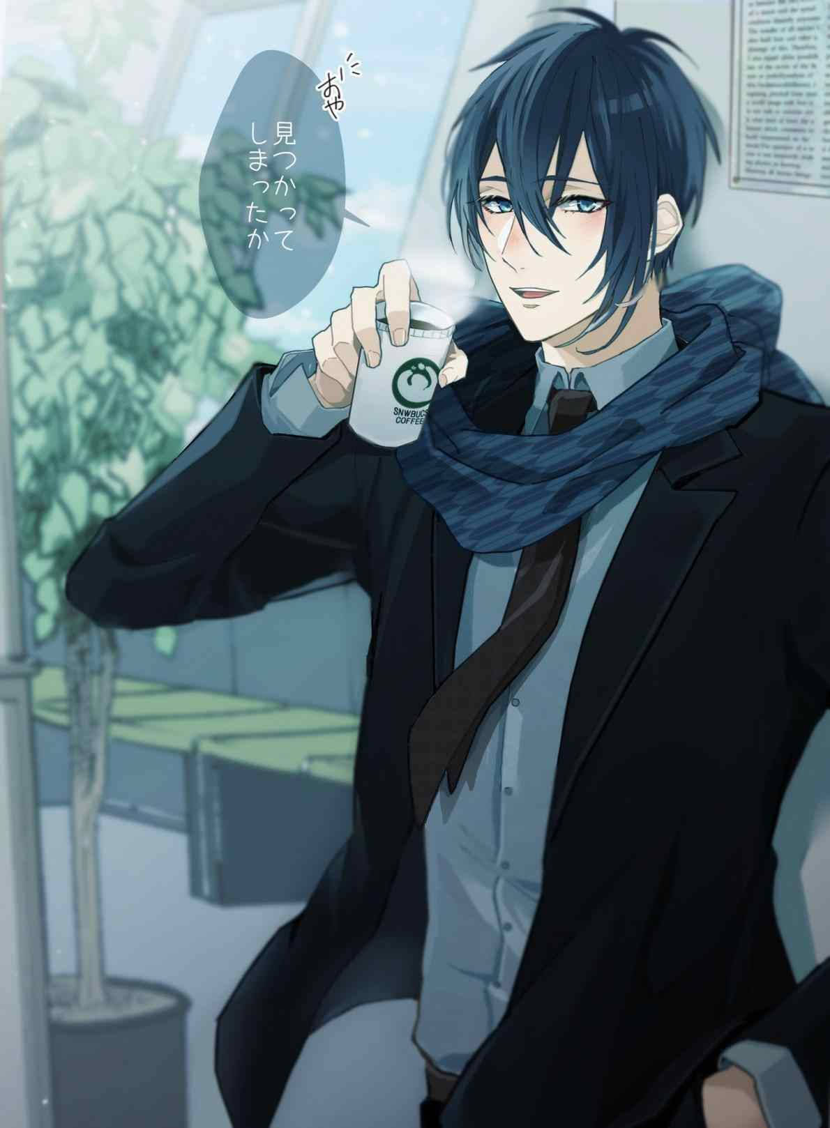 Nauttii kupillista kahvia, tämä komea animepoika on tyytyväinen. Taustakuvat