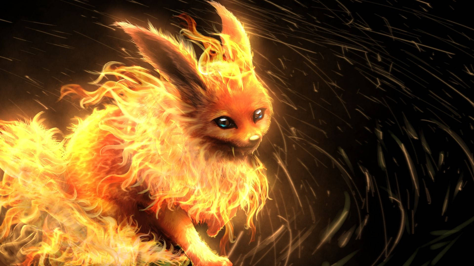 Oikea Pokemon Flareon liekkiturkkisella taustakuvalla.