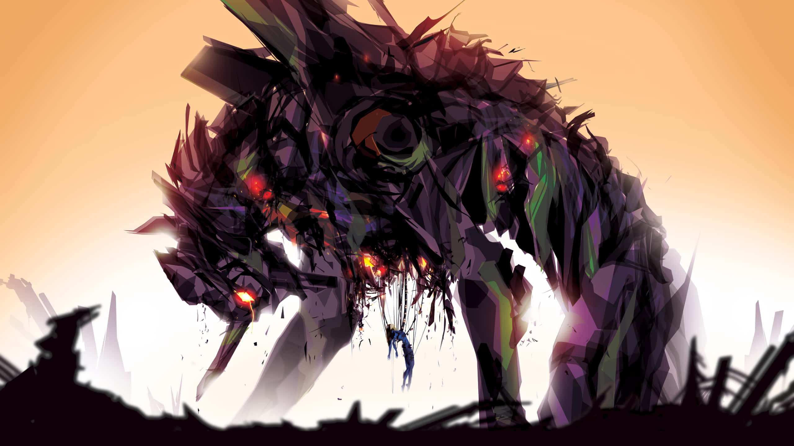 Neon Genesis Evangelionin futuristinen mecha-vartija hämärätaivasta vasten Taustakuvat