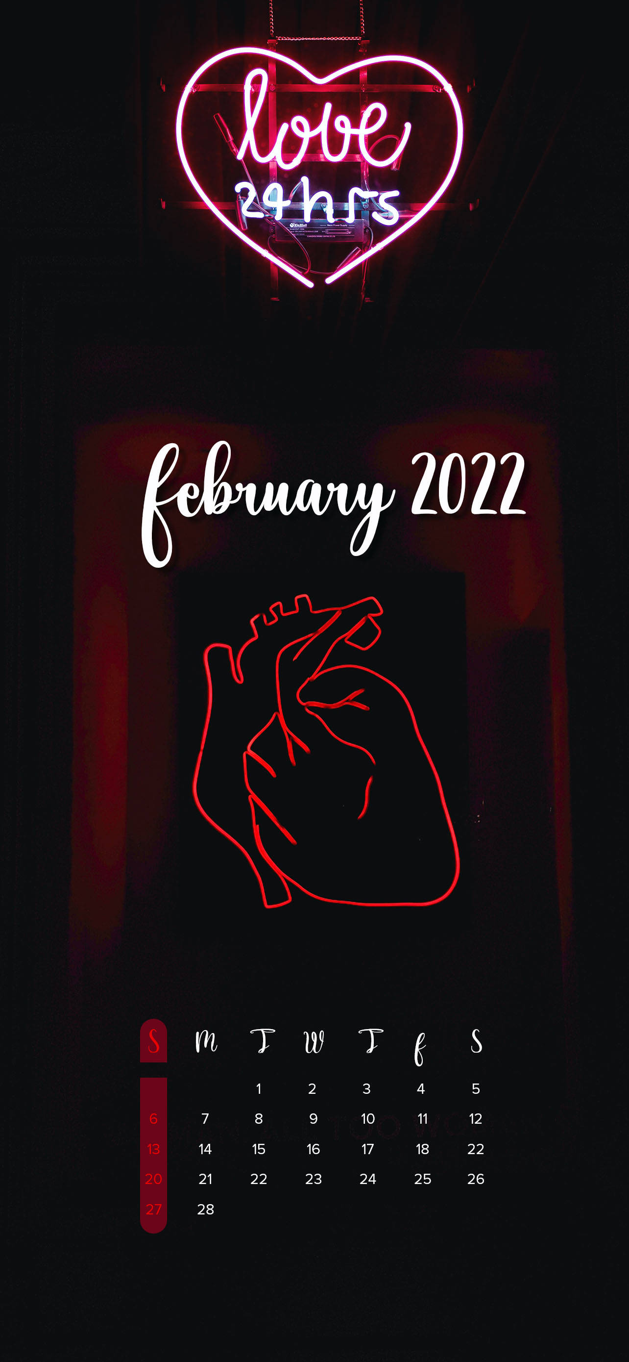 Neon Heart Helmikuu 2022 Kalenteri Taustakuvat