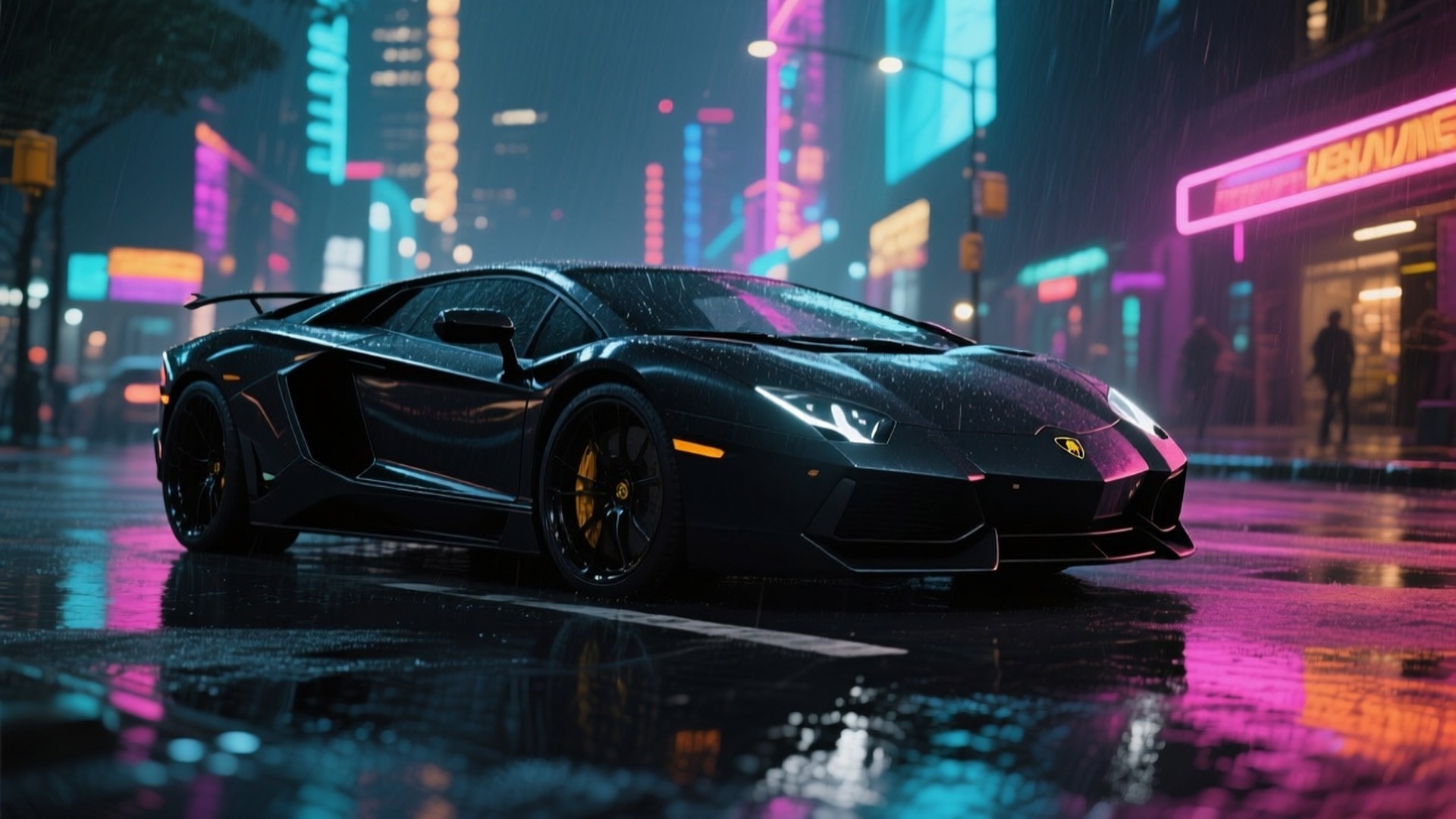 Musta Lamborghini Aventador neonvalaistussa kaupunkiyössä — Hienot autot GIF Taustakuvat