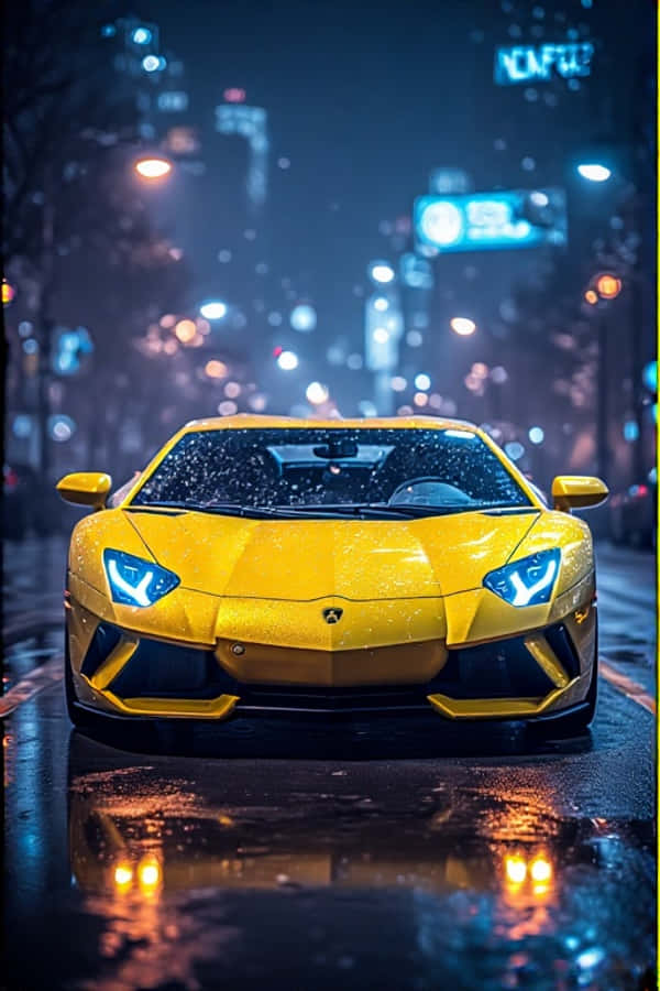 Neonkeltainen Lamborghini yöllä futuristinen 4K kaupungin valot muotokuva taustakuva Taustakuvat