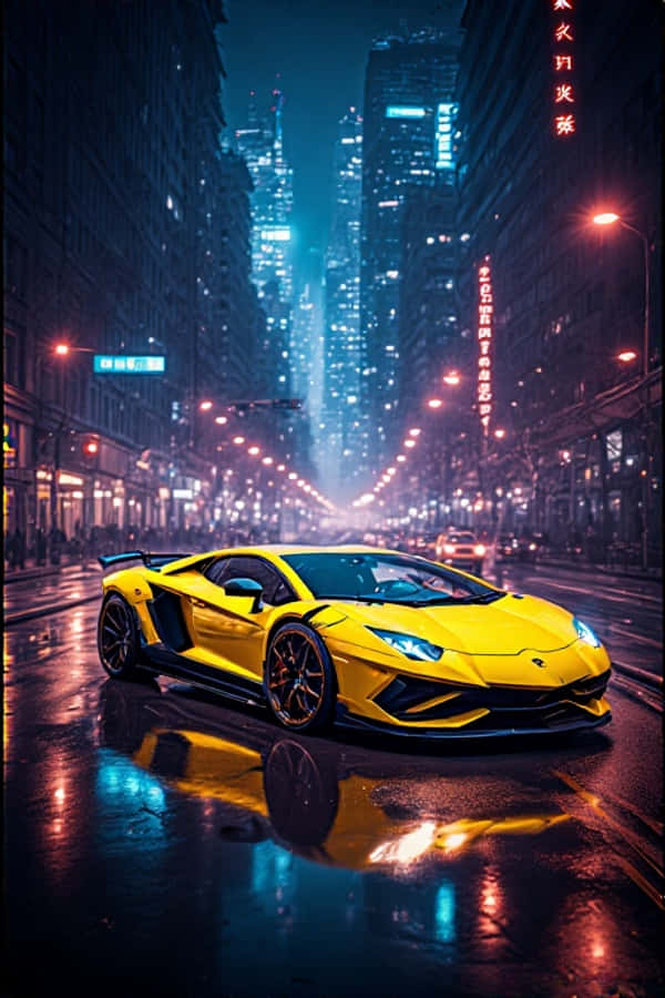 Neonkeltainen Lamborghini yöllä futuristinen 4K kaupunginvalot muotokuva-taustakuva Taustakuvat
