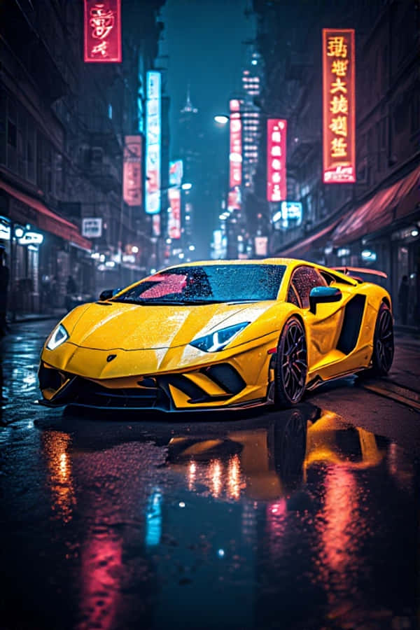 Neonkeltainen Lamborghini yöllä futuristisessa 4K-kaupunkivalotaustakuvassa Taustakuvat