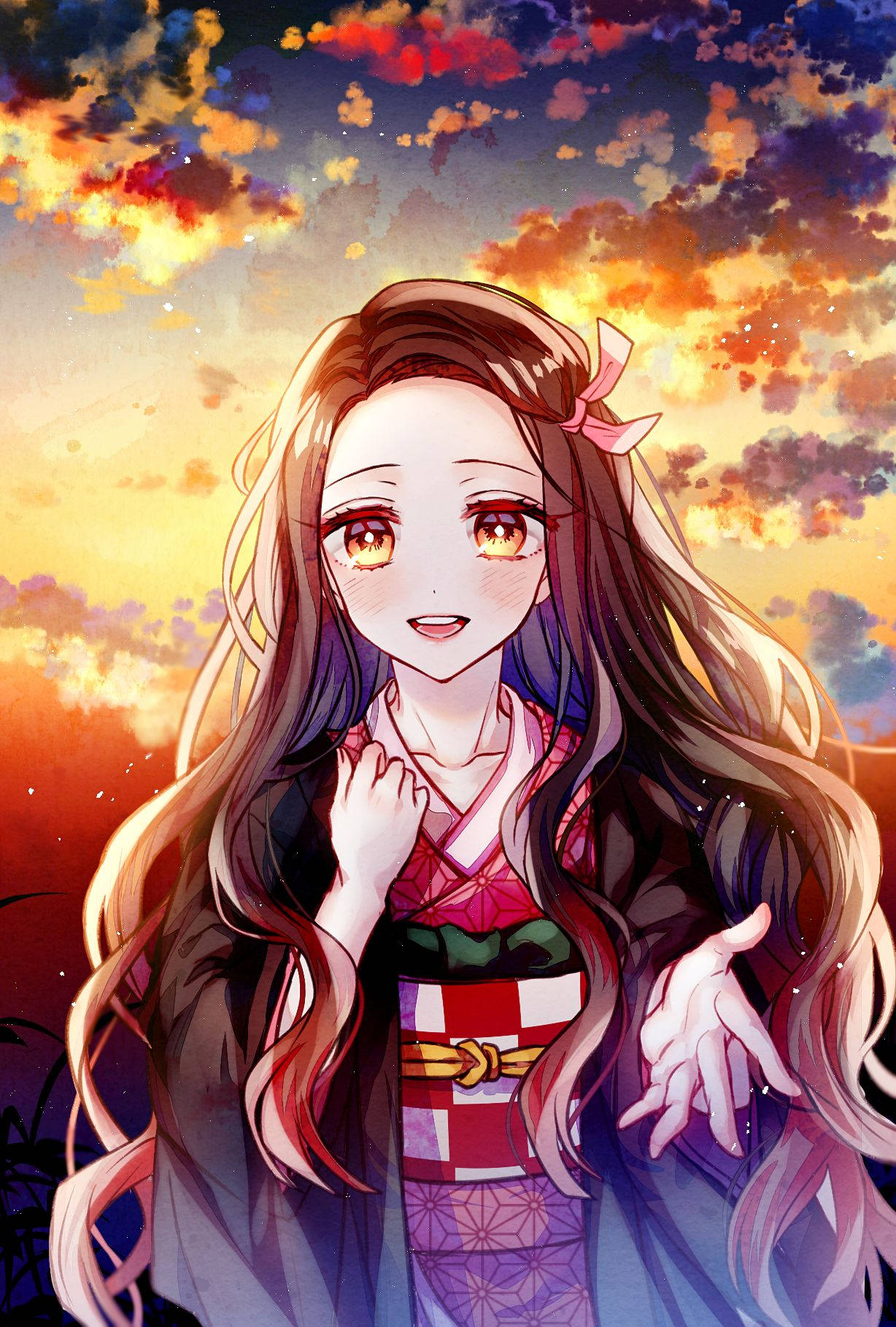 Demon Slayer -taustakuva hymyilevästä Nezuko Kamadosta auringon alla