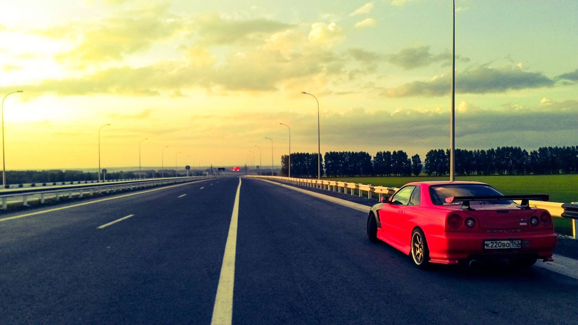Nissan Skyline GTR R34 Auringonlaskun Tiellä Taustakuvat