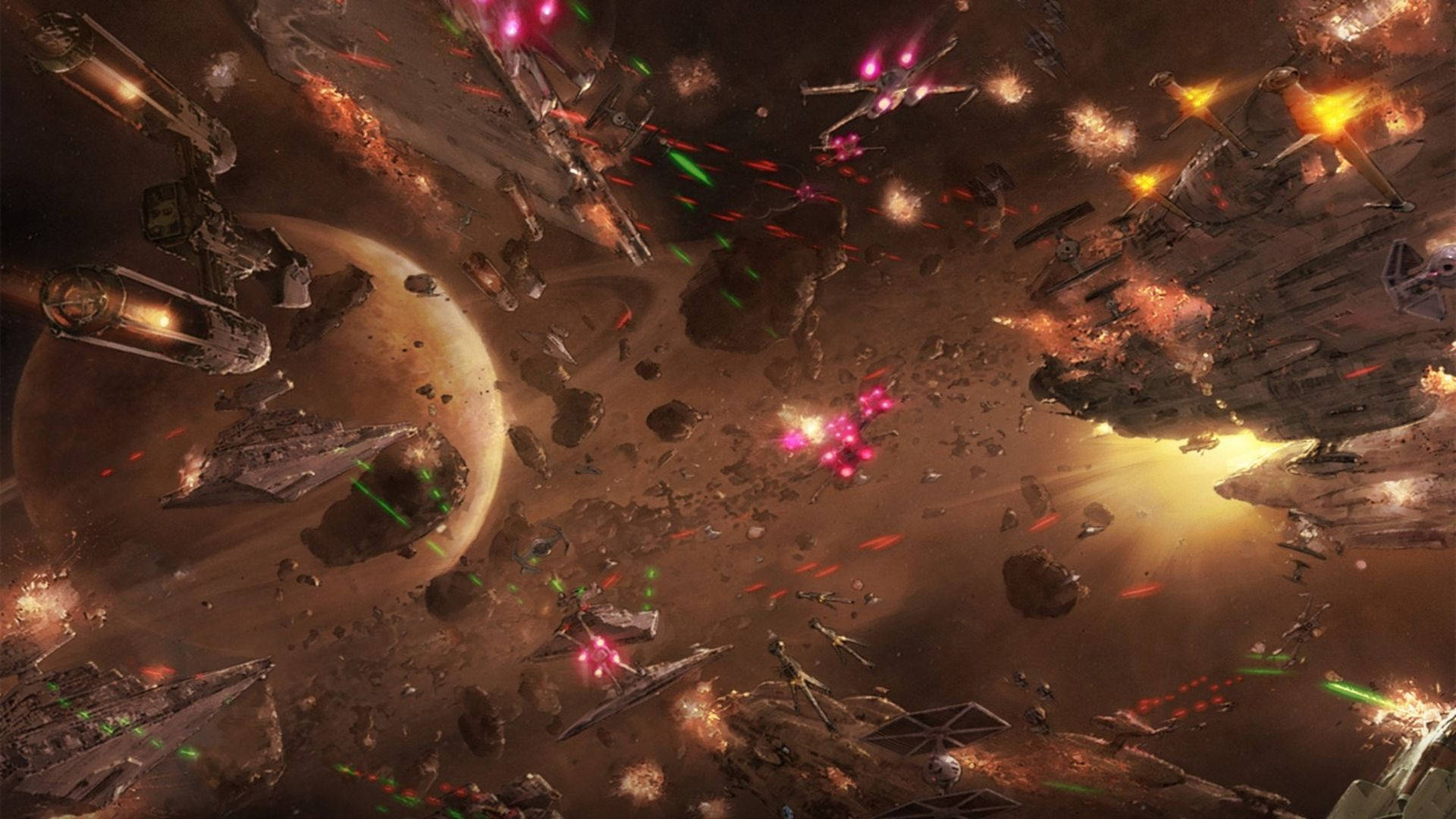 Star Wars -taustakuva avaruuslaivojen taistelusta ulkoavaruudessa, toisella planeetalla