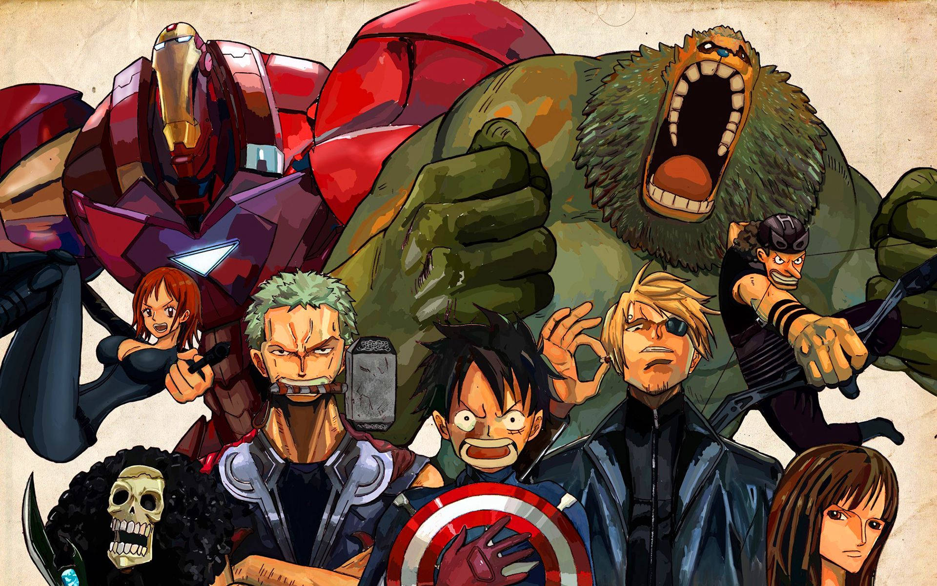One Piece -merirosvojoukkueen ja Marvel-supersankareiden risteys -taustakuva.