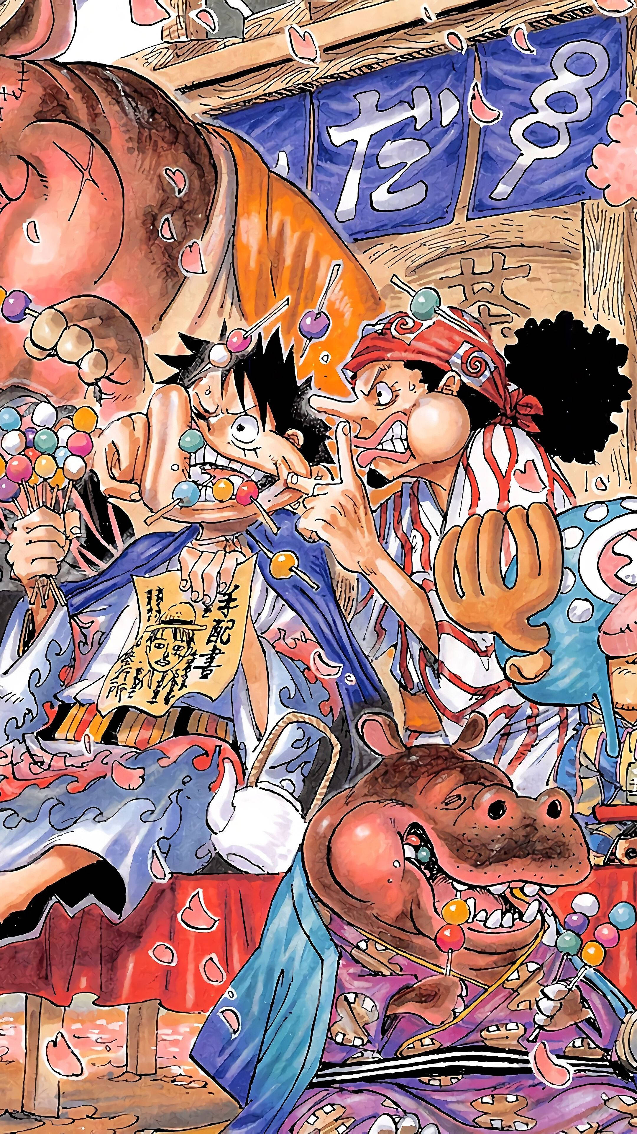 One Piece Puhelin Luffy Ja Usopp Syömässä Dangoa Taustakuvat