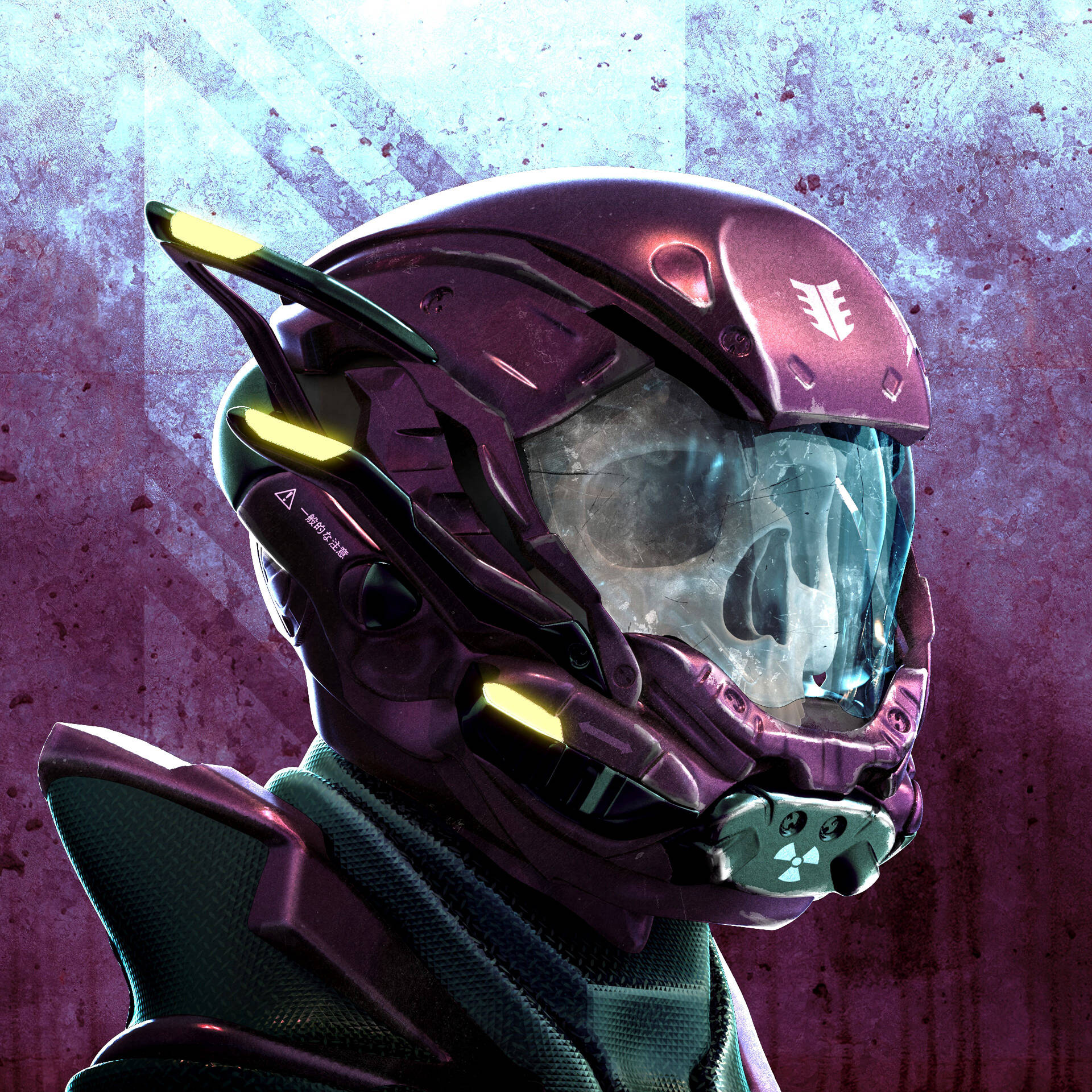 Pääkallo violetissa robottikypärässä.