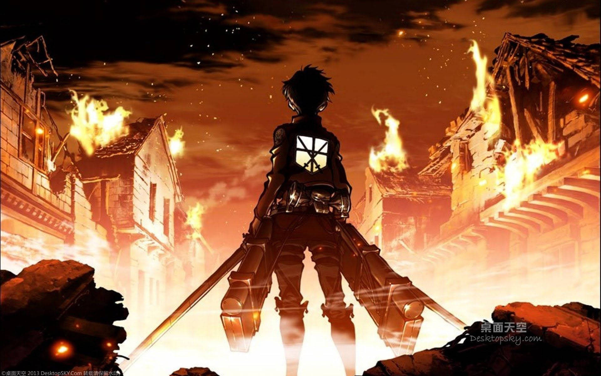 Eren kohtaa palavia kylätaloja Attack on Titan -fanitaidetaustakuvassa.