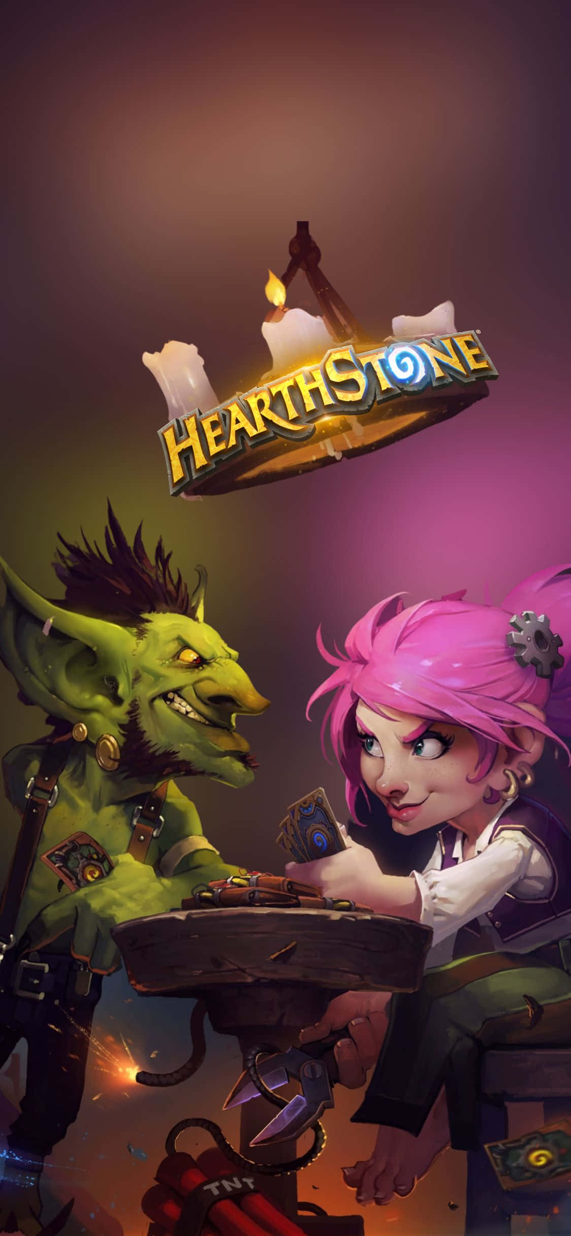 Peikko ja tonttu pelaamassa iPhone XS Hearthstone -taustakuva Taustakuvat