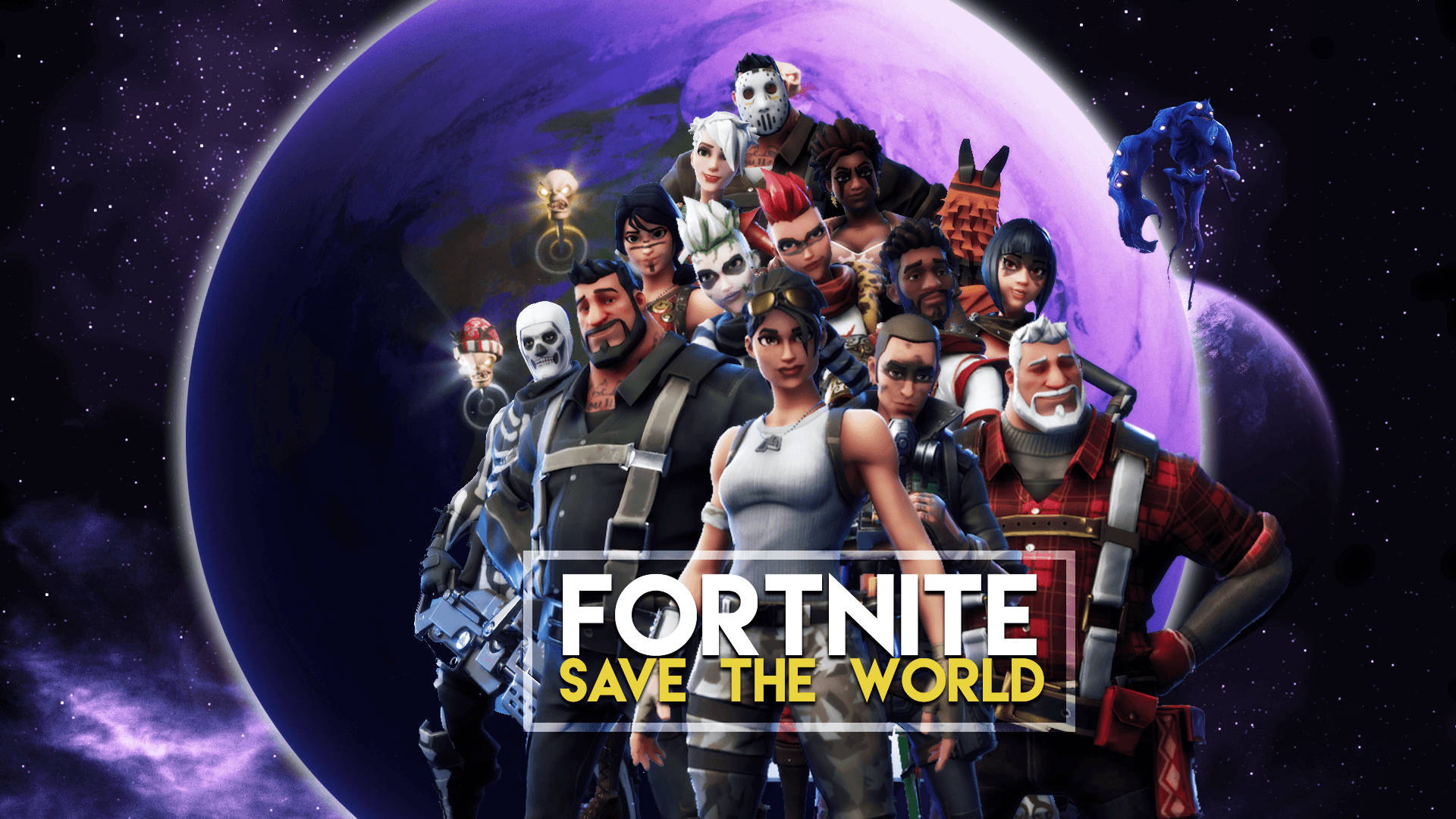 Fortnite-kooste useista hahmoista Save The World -tilasta planeettateemaisella taustakuvalla.