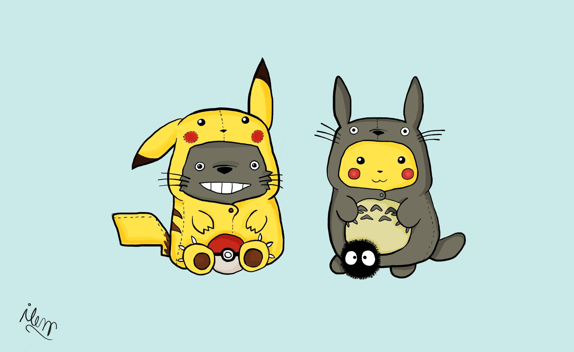 Taustakuva Pikachusta ja Totorosta vaihtamassa ihoja.