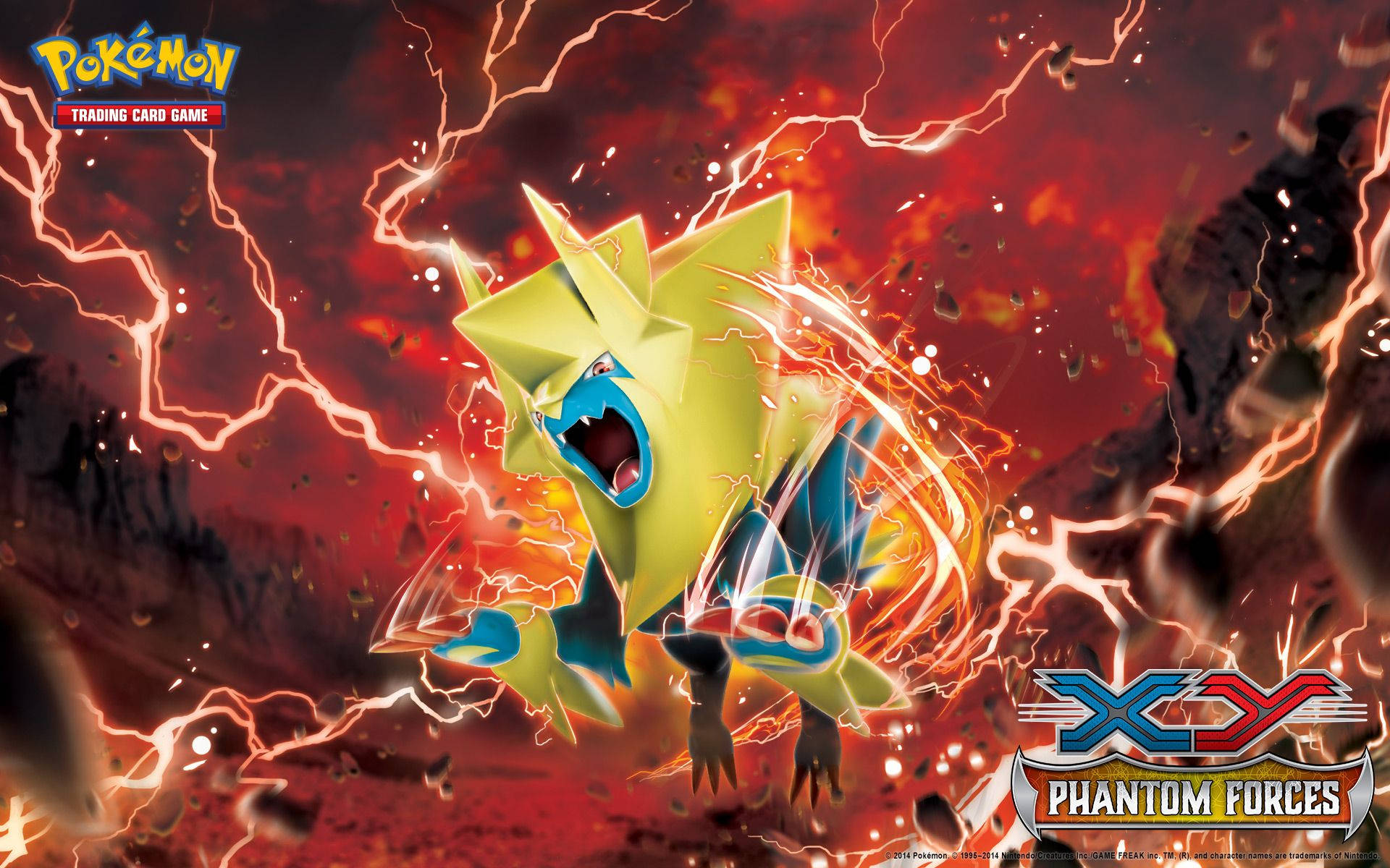 Pokémon-hahmo hyppäämässä punaisessa salamassa.
