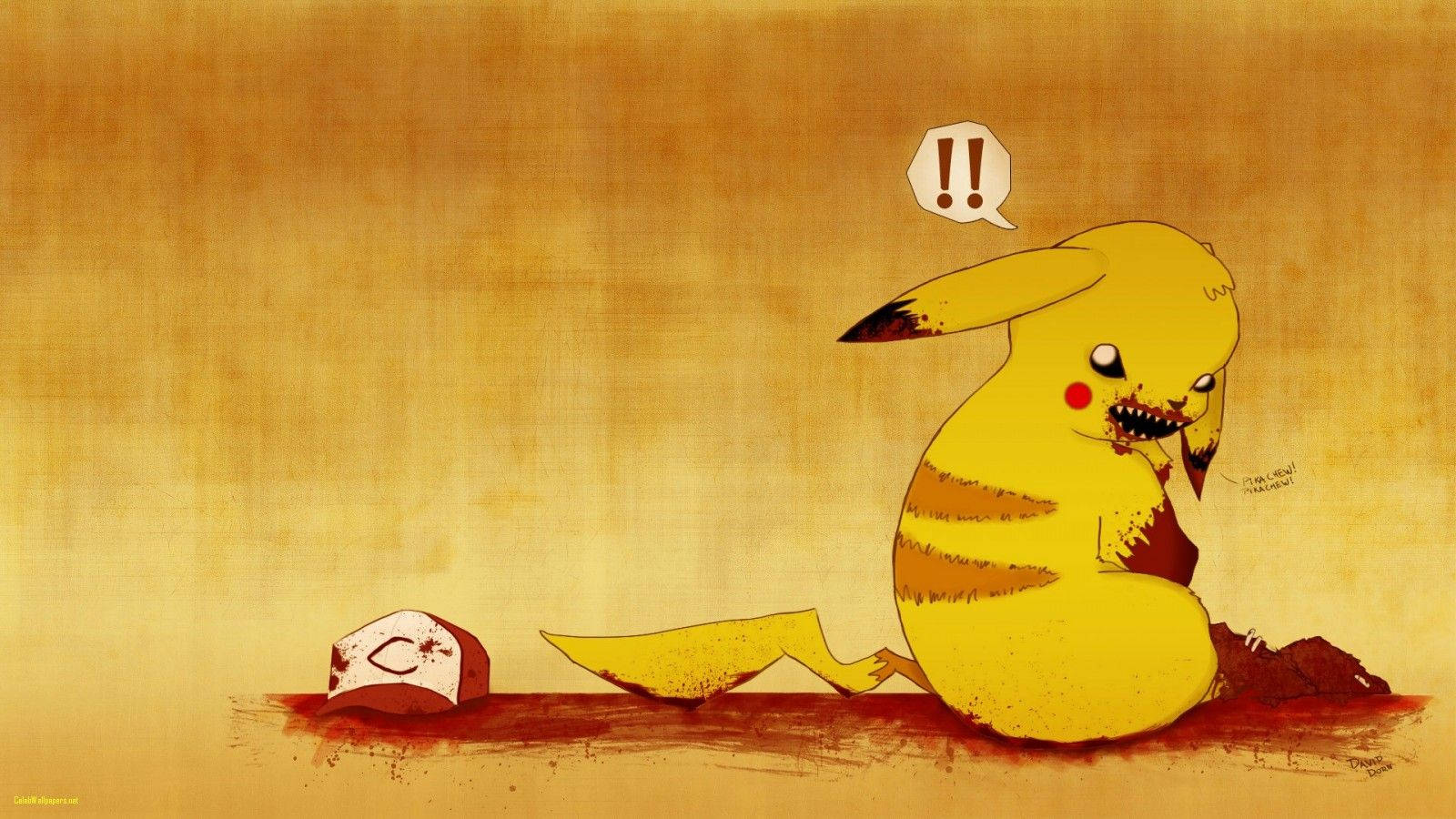 Pikachu-taustakuva synkästä fanitaiteesta, jossa Pikachu syö kouluttajansa Ashin.