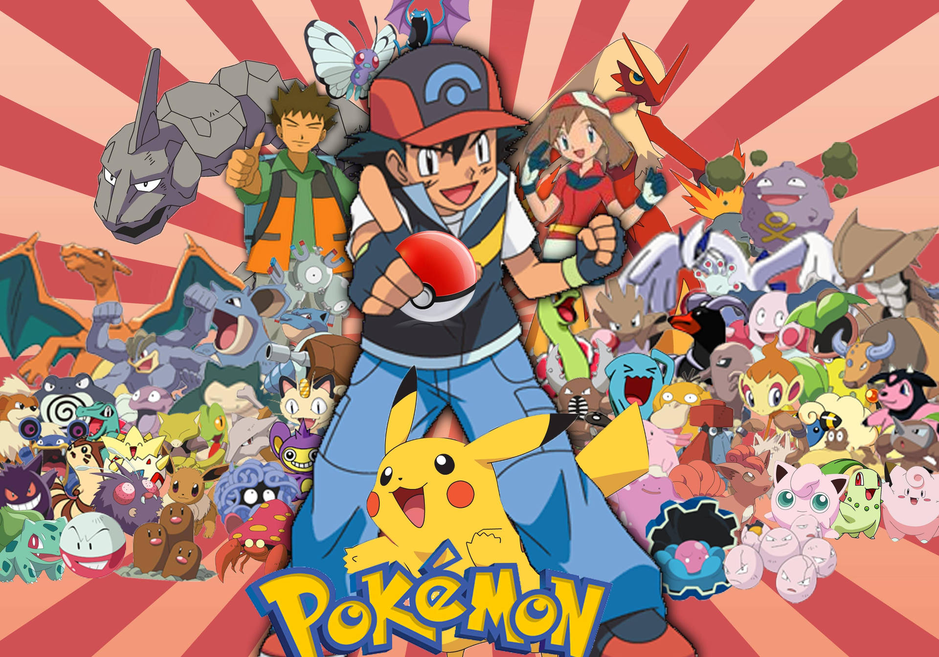 Pokemon-hahmot Ash, Brock, Misty, Pikachu ja muita Pokemoneja.
