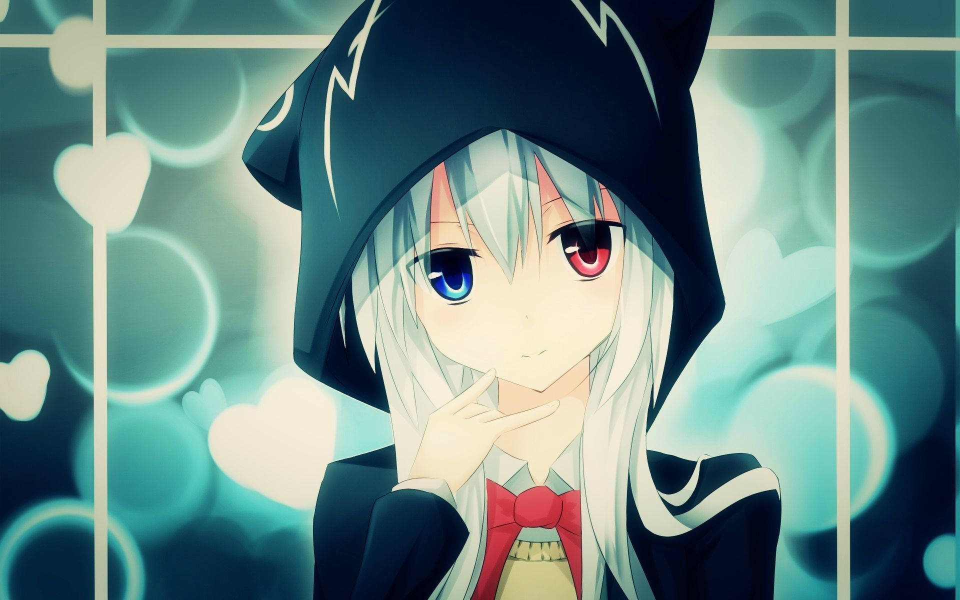 Punasilmäinen ja sinisilmäinen anime-tyttö hupparissa Taustakuvat