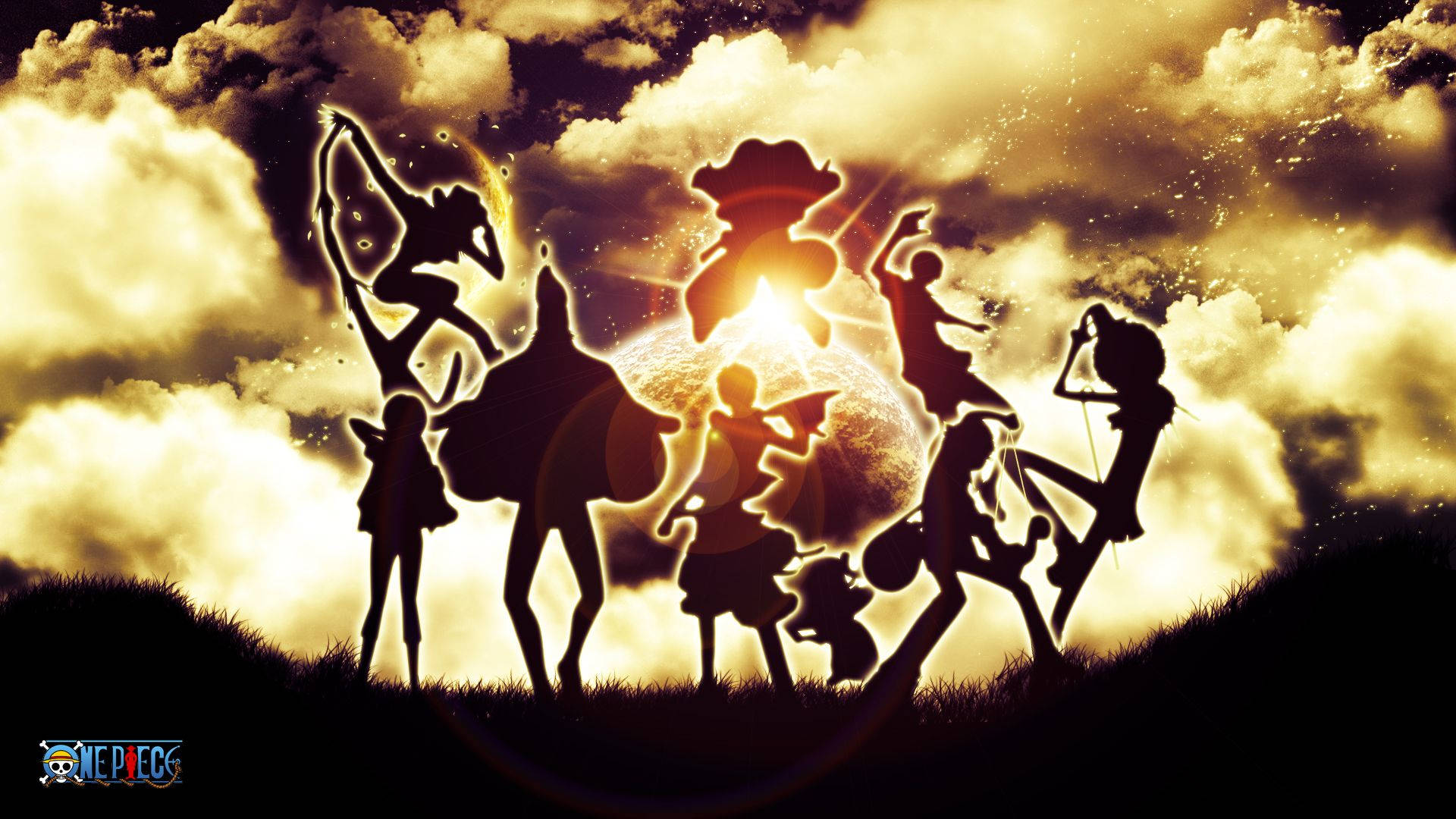 One Piece Straw Hat -merirosvojoukkueen siluetti kirkkaan valon keskellä -taustakuva.