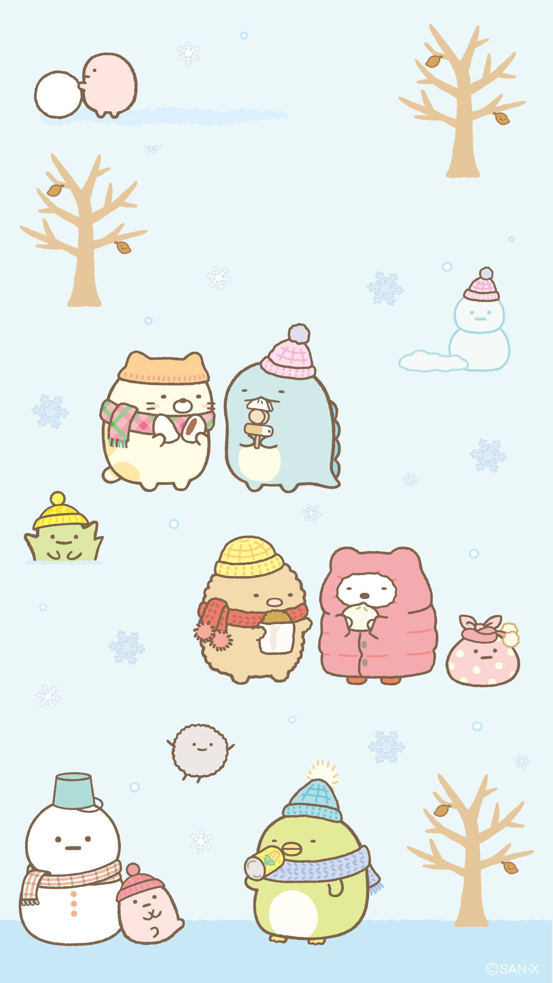 Sumikko gurashi hahmot talvella kawaii taustakuva.