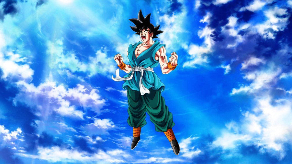 Taustakuva Gokun muuttumisesta jumalan ylittäväksi saiyan-muodoksi.
