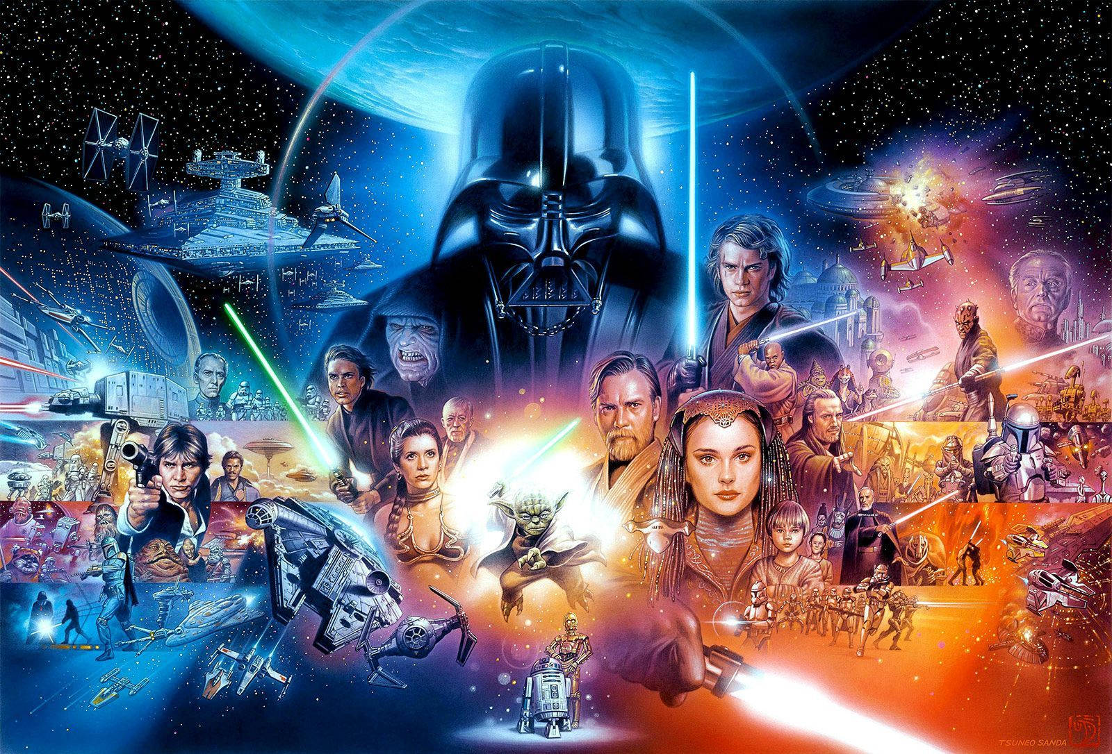 Star Wars -hahmot punaisessa ja sinisessä joukkueessa salamamiekkojen kanssa