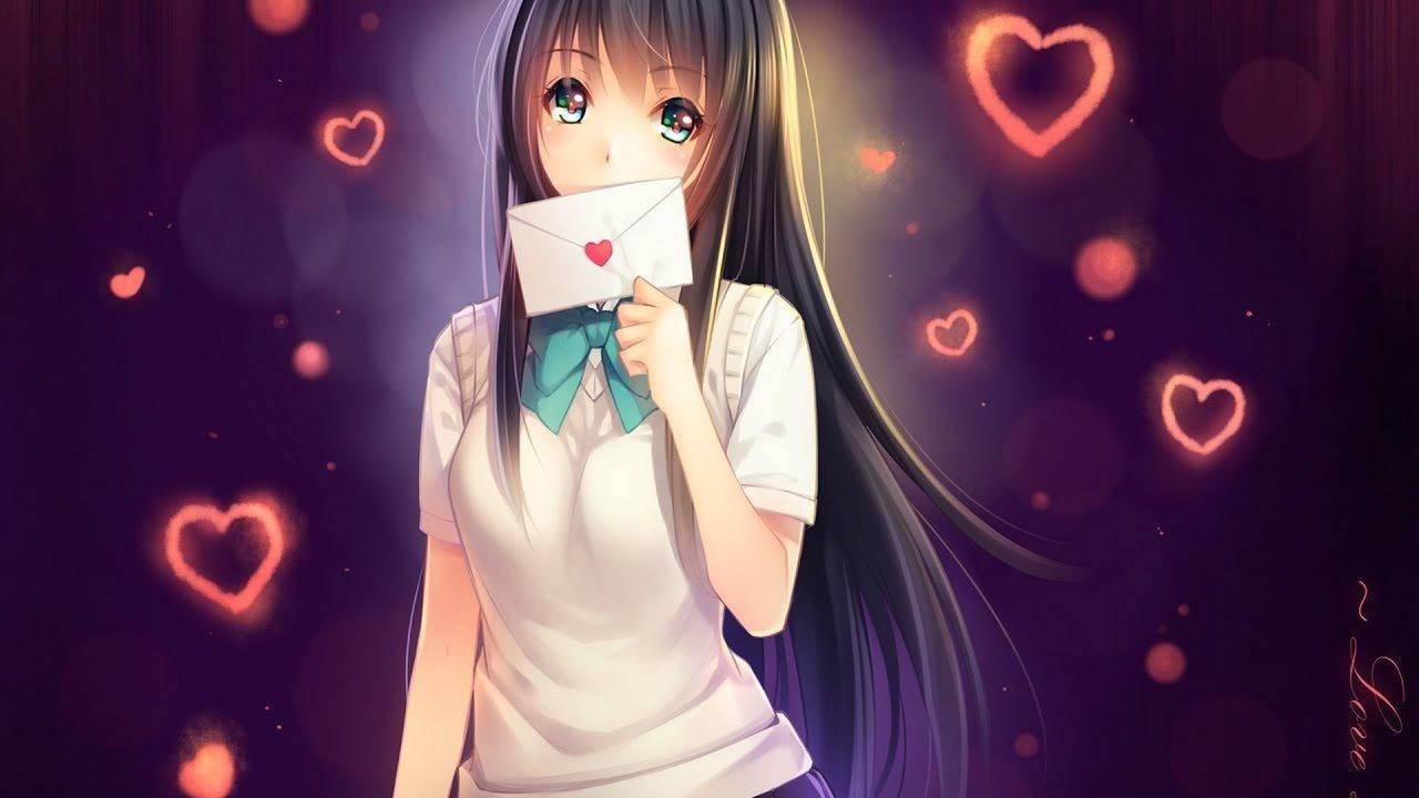 Anime-tyttö, jolla on pitkät mustat hiukset, puree rakkauskirjettä taustakuva