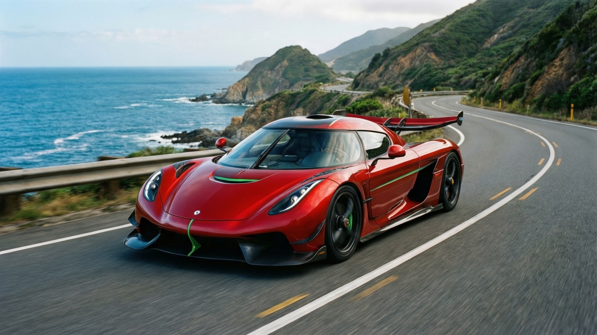 Punainen Koenigsegg Regera kaartaa rantatietä valtameren ja kukkuloiden reunustamana. — Hienot autot GIF Taustakuvat