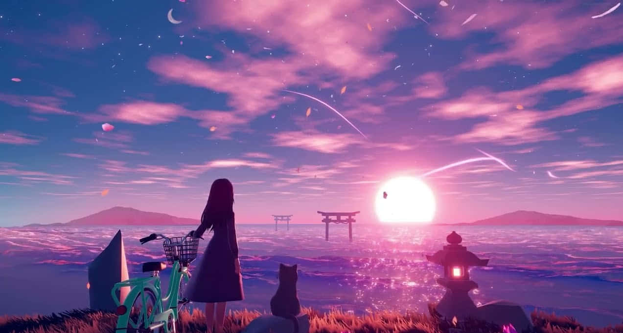 Rauhallinen anime-tyttö katselee taivasta Taustakuvat
