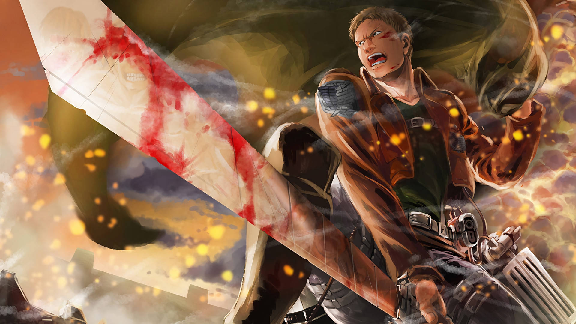 Reiner Braun tutkimusjoukkojen univormussa veristä miekkaa pidellen Attack on Titan -fanitaidetaustakuvassa.
