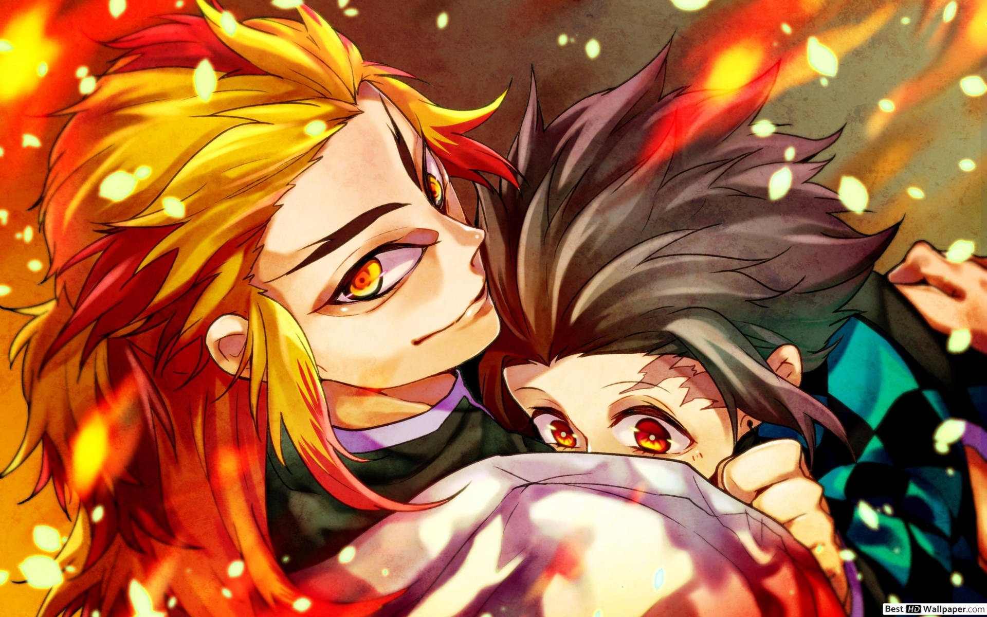 Demon Slayer -taustakuva tulen Hashirasta, Rengoku Kyoujirosta, halaamassa Kamado Tanjiroa