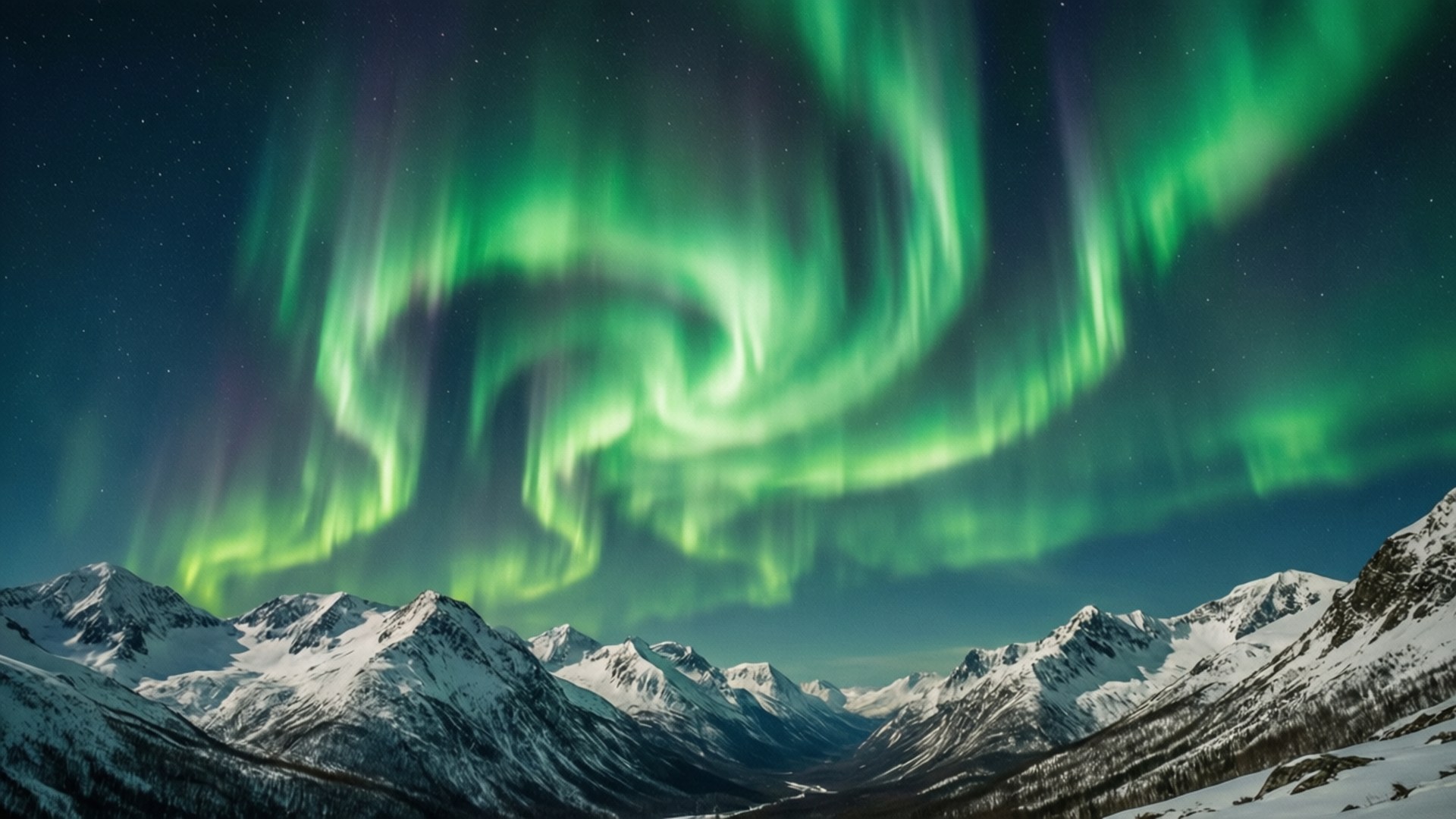 Revontulet lumisten huippujen yllä Taustakuvat