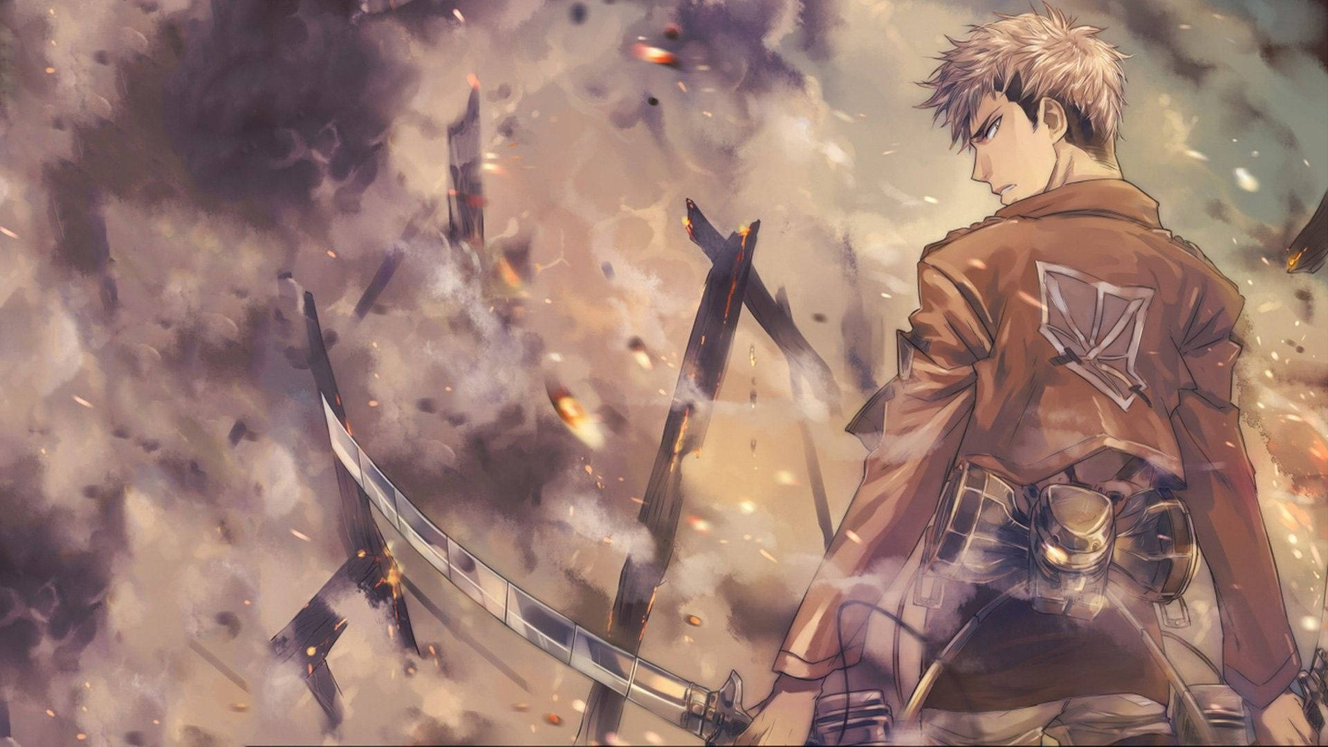 Jean Kirstein harjoitusjoukkojen univormussaan savun keskellä Attack On Titan -fanitaidetapetissa.