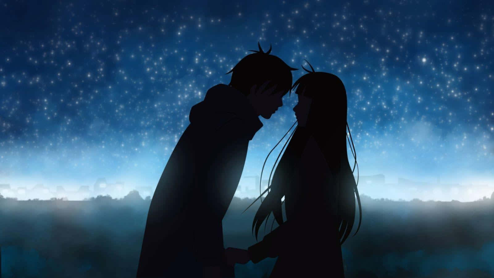 Romanttinen animeparin siluetti sinisellä yötaivaalla Taustakuvat