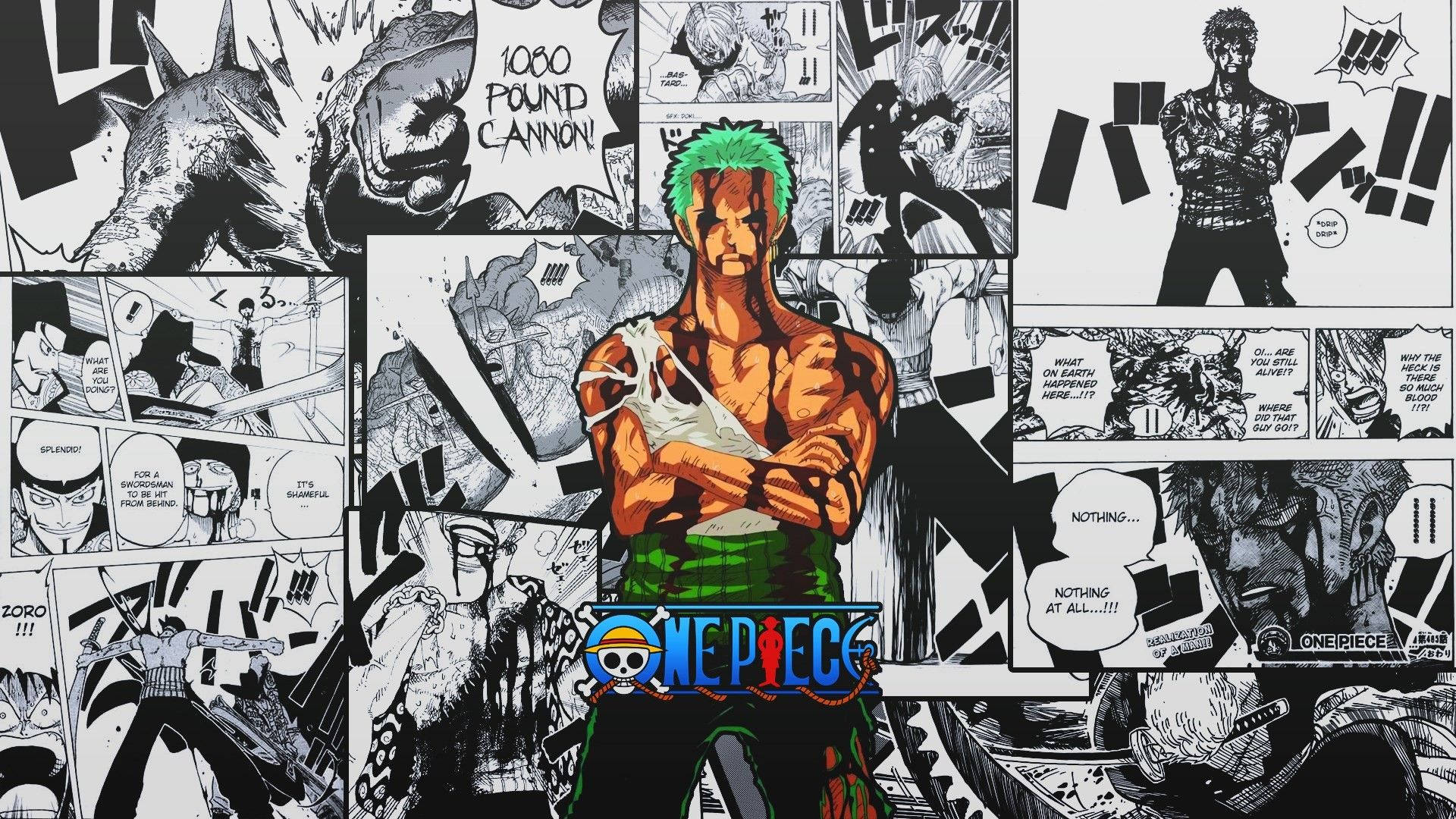 Verinen Zoro mustavalkoisten mangasivujen keskellä itsestään One Piece -taustakuvassa.