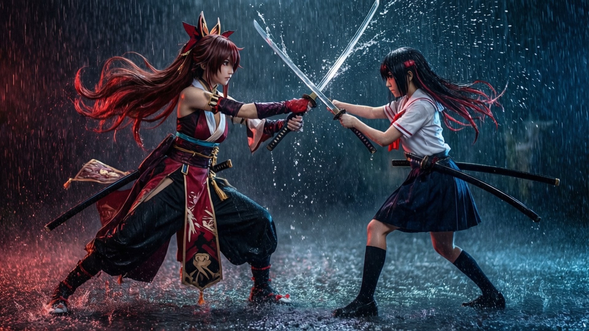 Ryuuko ja Satsuki kaksintaistelevat sateessa Taustakuvat