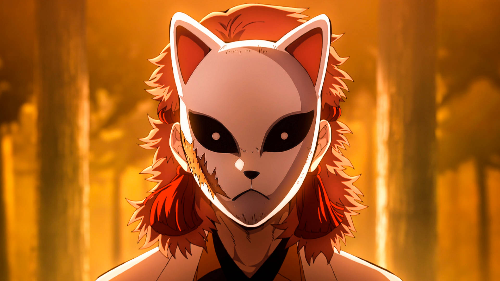 Demon Slayer -taustakuva Sabitosta, jolla on valkoinen arpinen kettunaamio.