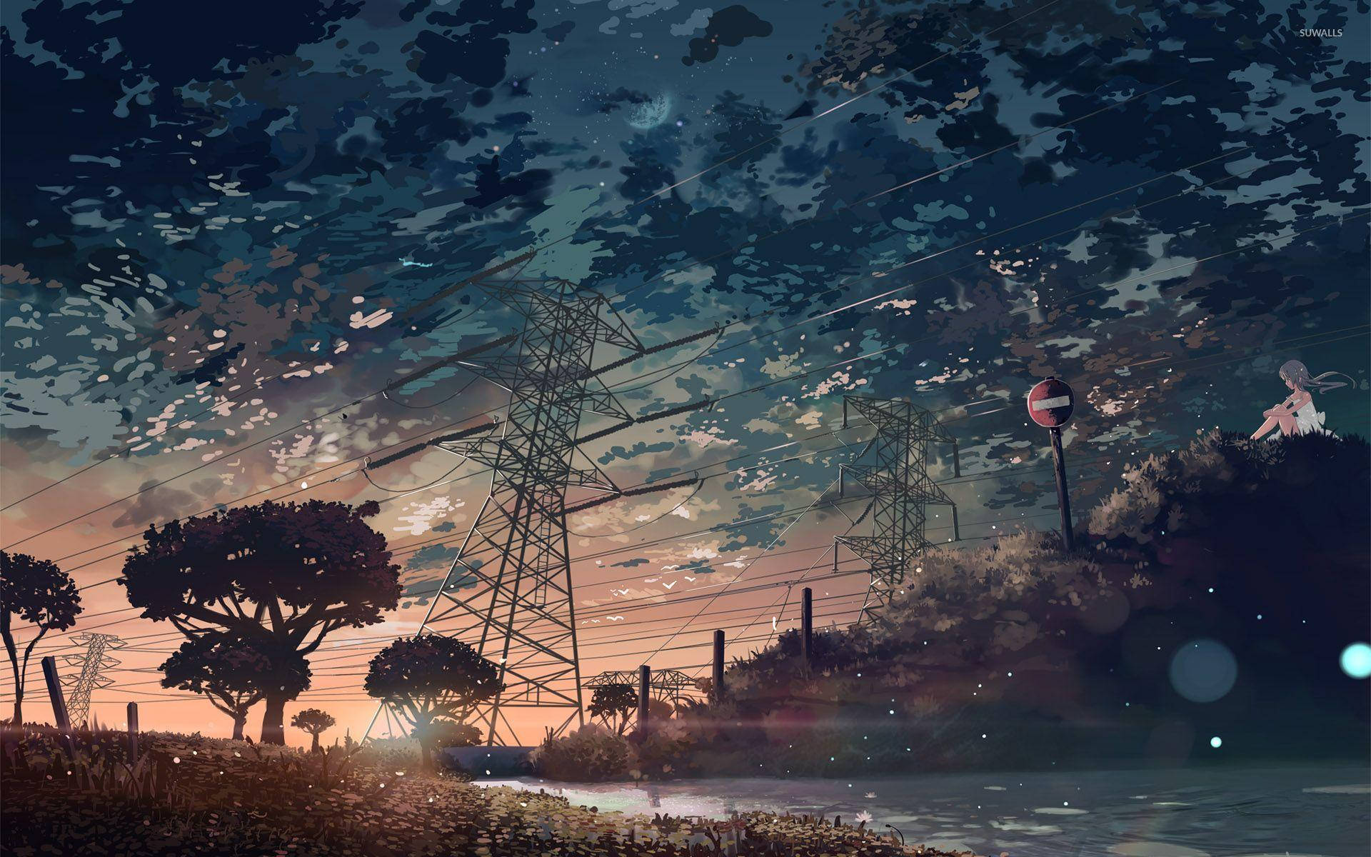 Sähkölinjat Anime-estetiikka Auringonlasku Taustakuvat
