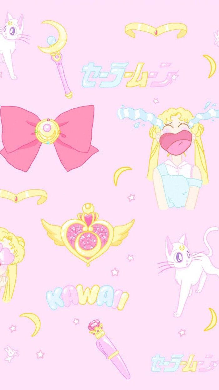 Sailor Moon -elementit söpöllä vaaleanpunaisella taustalla Taustakuvat