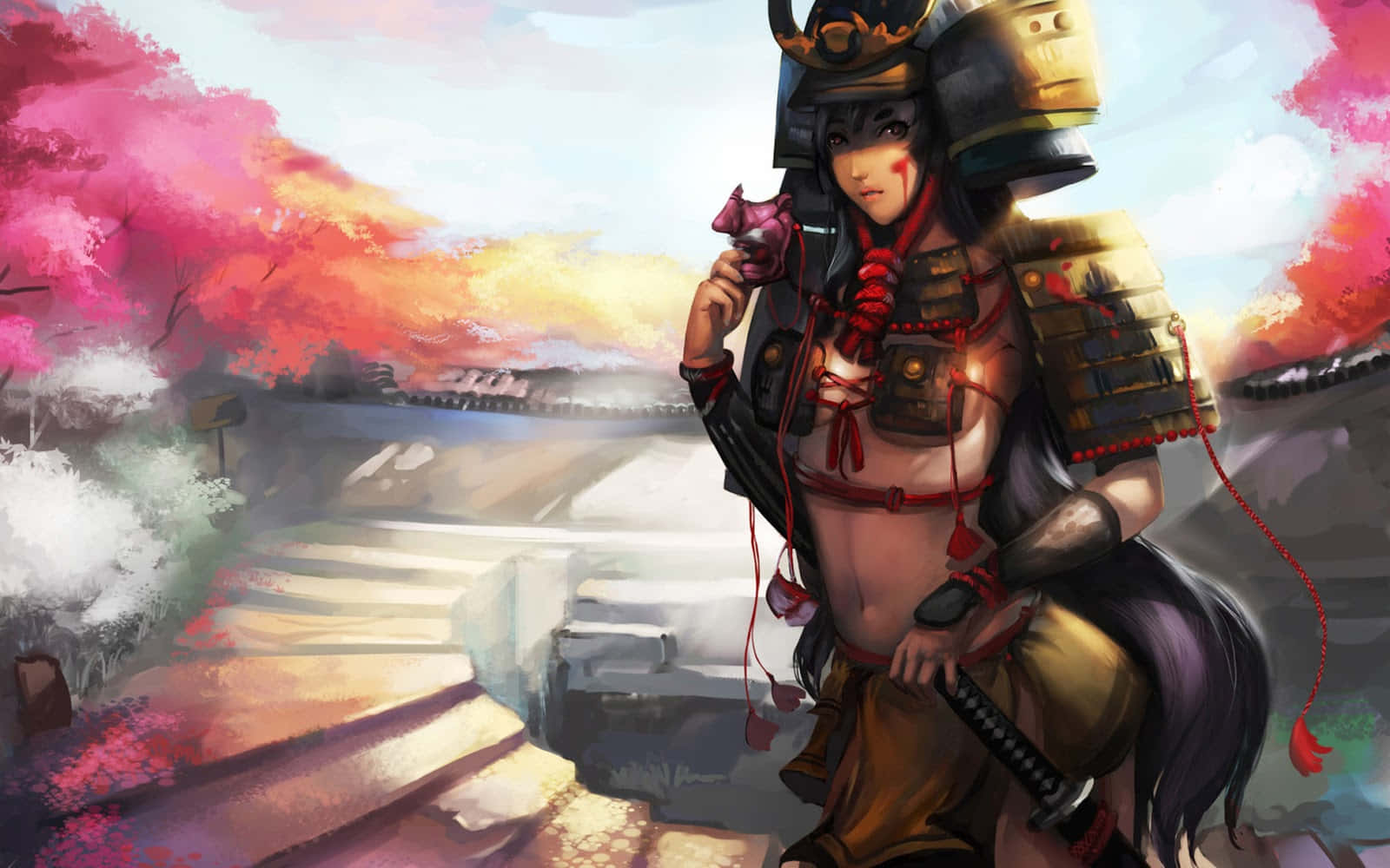 Samurai Anime Tyttö Harniska Katana Taustakuvat