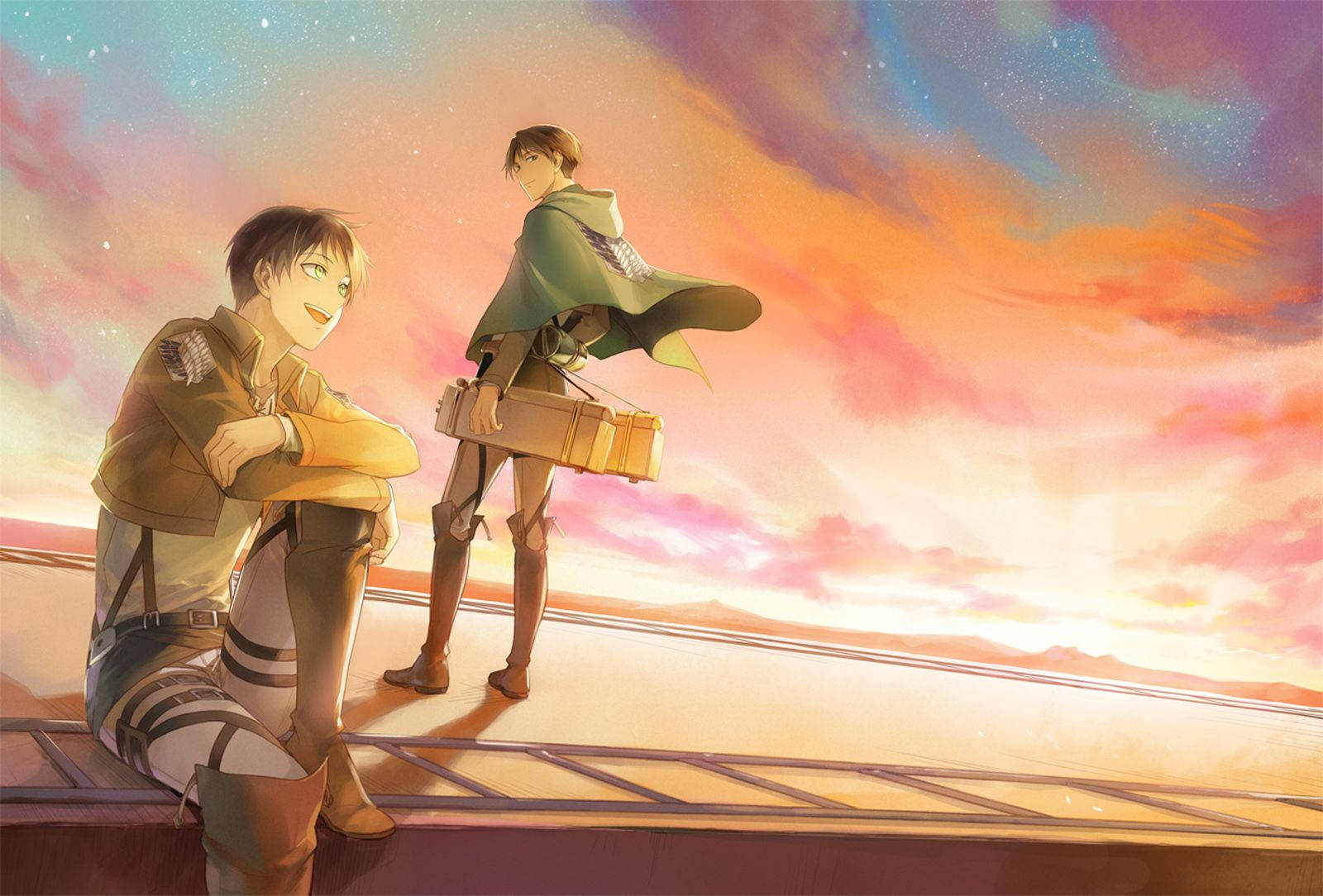 Sankarillinen kaksikko, Eren ja Levi, Attack on Titanista, viettävät hetkeä tähtikirkkaassa yössä. Taustakuvat