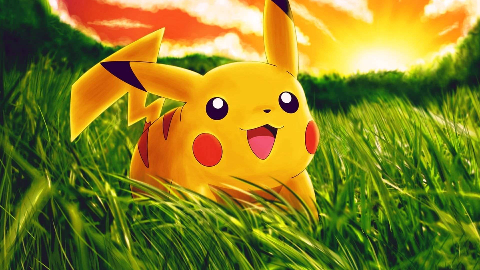 Suloinen Pokémon Pikachu leikkimässä niityllä taustakuva