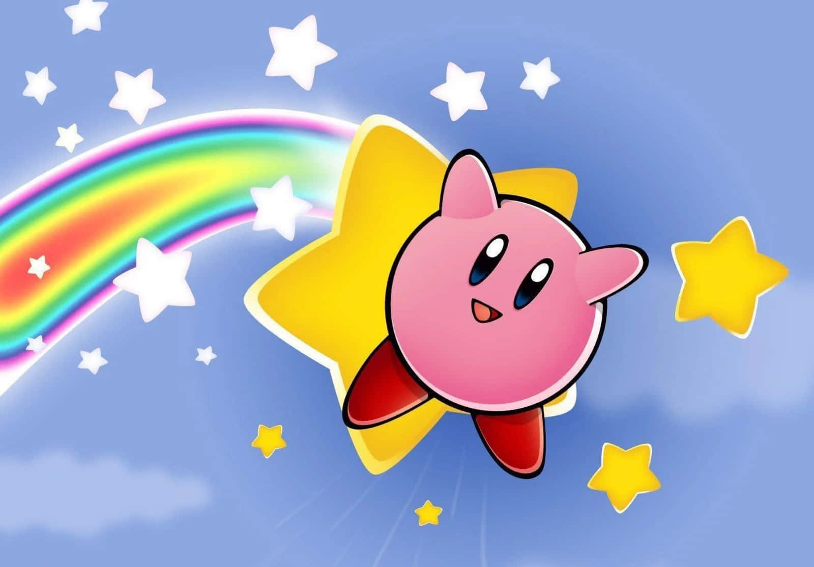 Sarjakuvahahmo Kirby lentämässä kirkkaanvärisessä maisemassa Taustakuvat