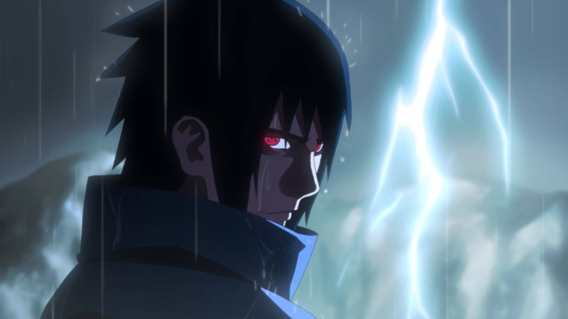 Taustakuva Sasuke, jolla on ikuiset mangekyo sharingan -silmät.