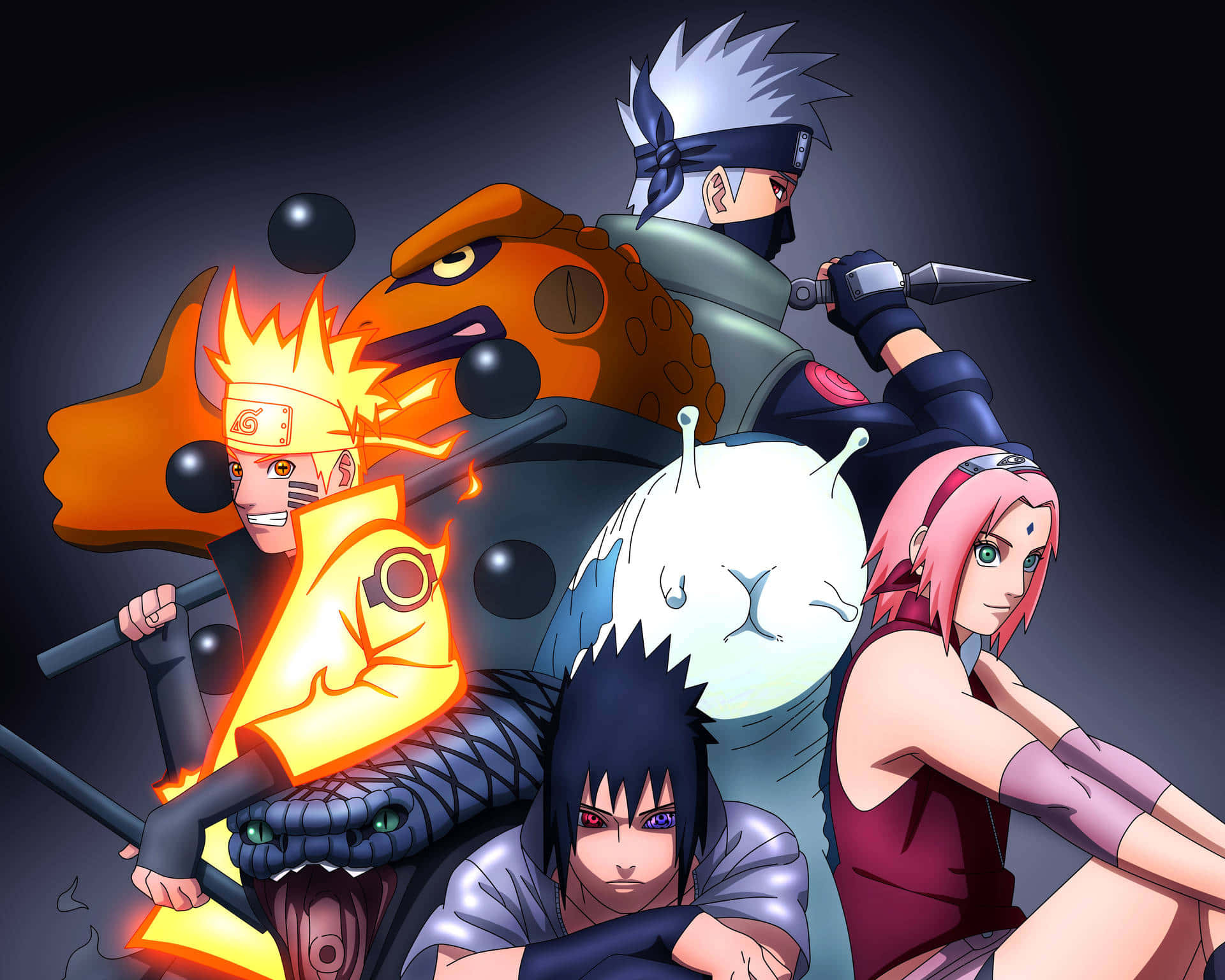 Sasuke (Uchiha), Naruto (Uzumaki) ja Sakura (Haruno) tiimistä 7 valmiina seuraavaan tehtäväänsä! Taustakuvat
