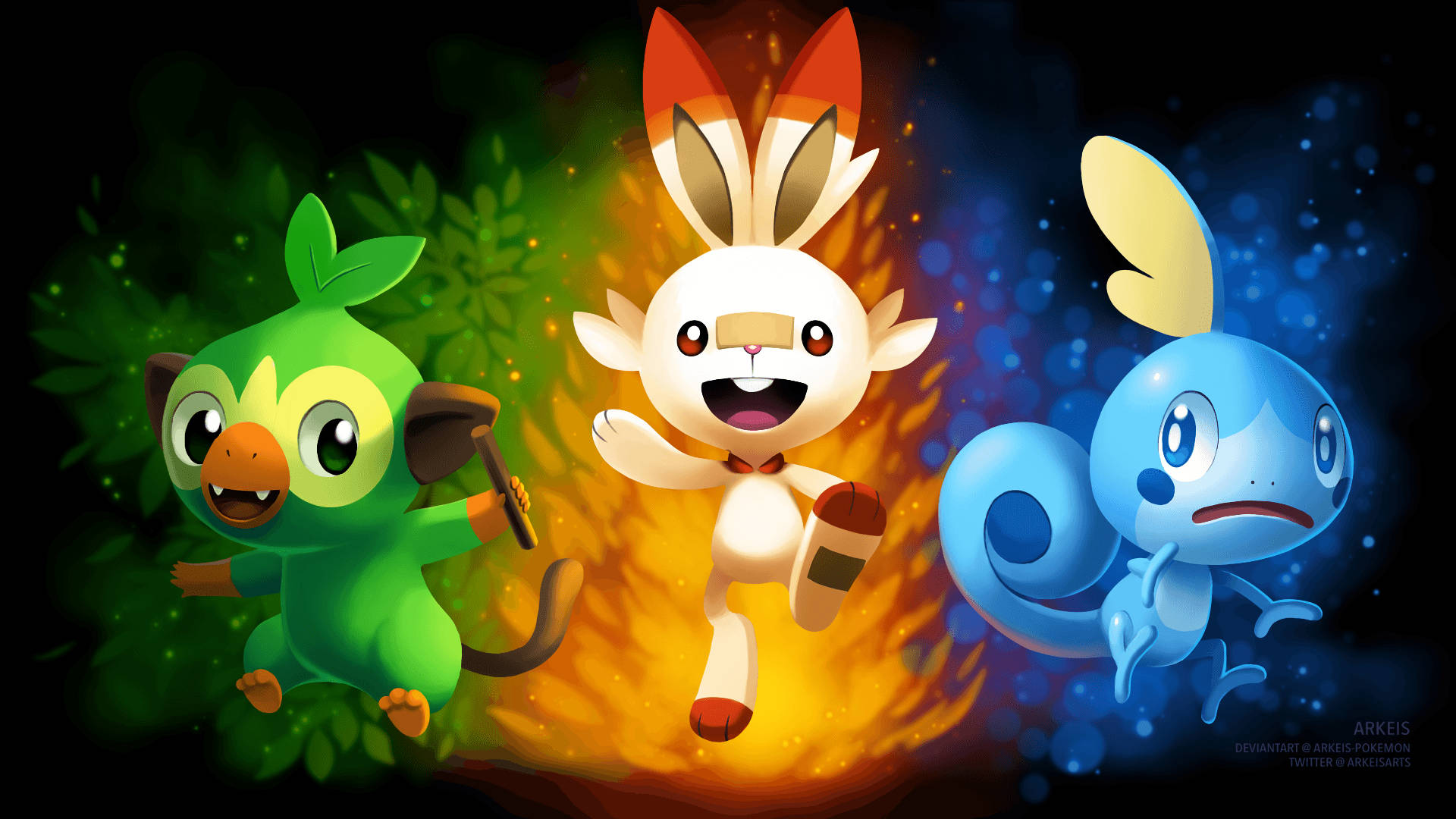 Scorbunny ja muut aloituspokemonit kuvituksessa Taustakuvat