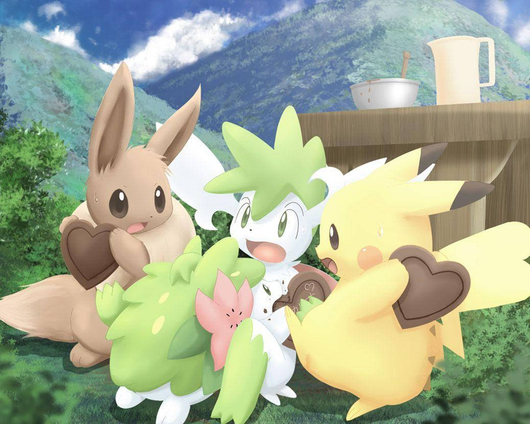 Shaymin leikkii Pikachun ja Eeveen kanssa Taustakuvat