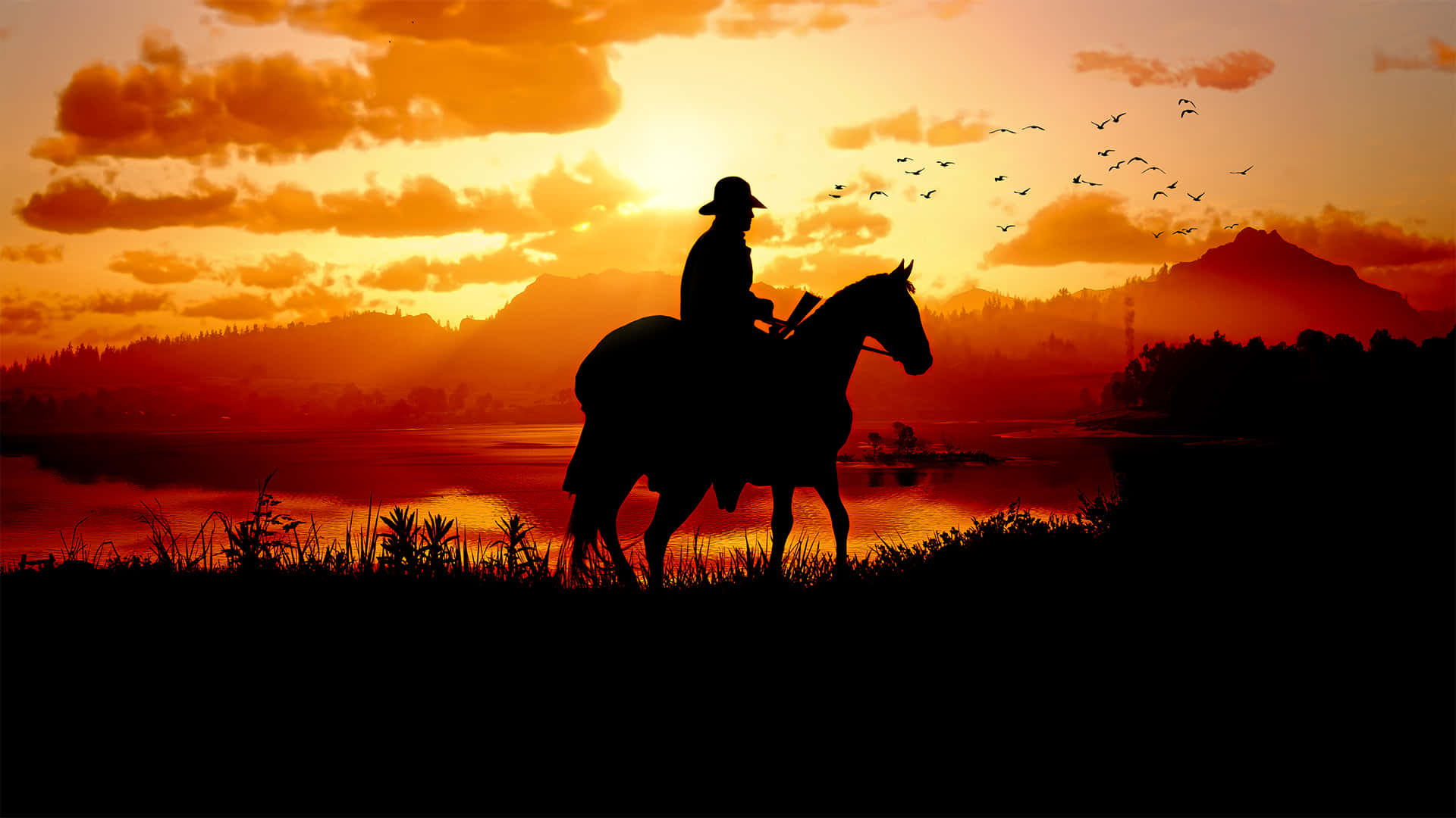 Sheriff ratsastaa hevosella auringonlaskussa 1920x1080 Red Dead Redemption 2 -taustakuva Taustakuvat