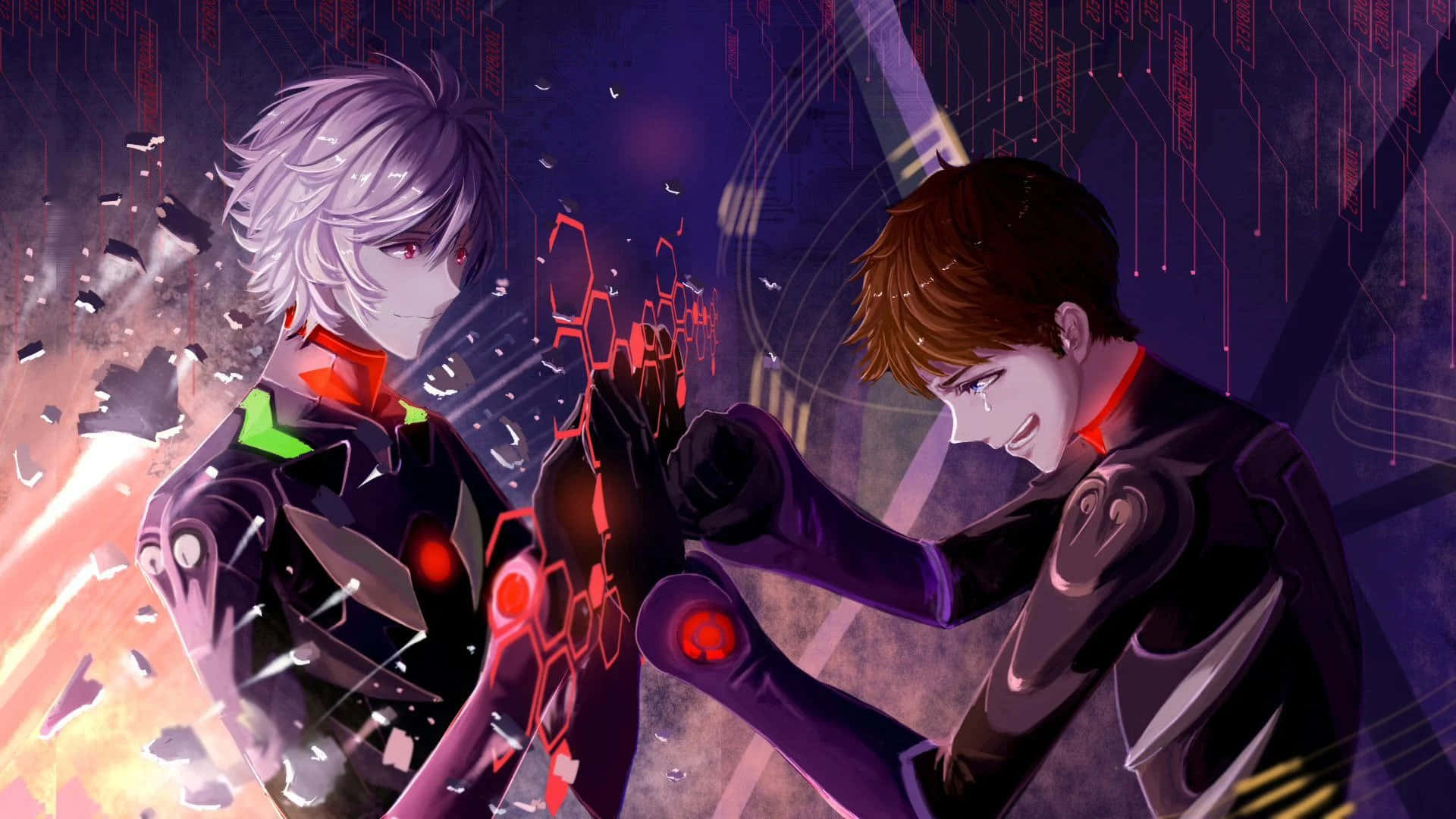Shinji Ikari suojelee Tokyo-3:a uhkaavalta vaaralta Neon Genesis Evangelionissa Taustakuvat
